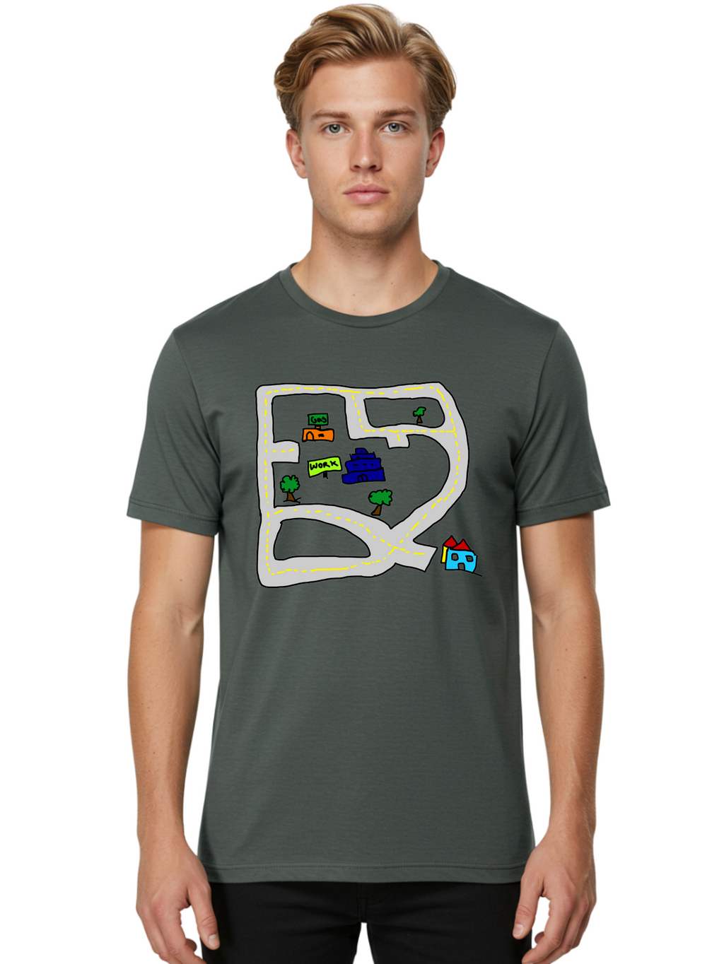 Road-Map Men'S Graphic Tee, 100% Cotton, Comfortable Casual Summer Wear, Machine Washable, Road To Work, Home Sweet Home, Daily Commute, Office Building, Daily Routine, Morning Journey -  Aaa116