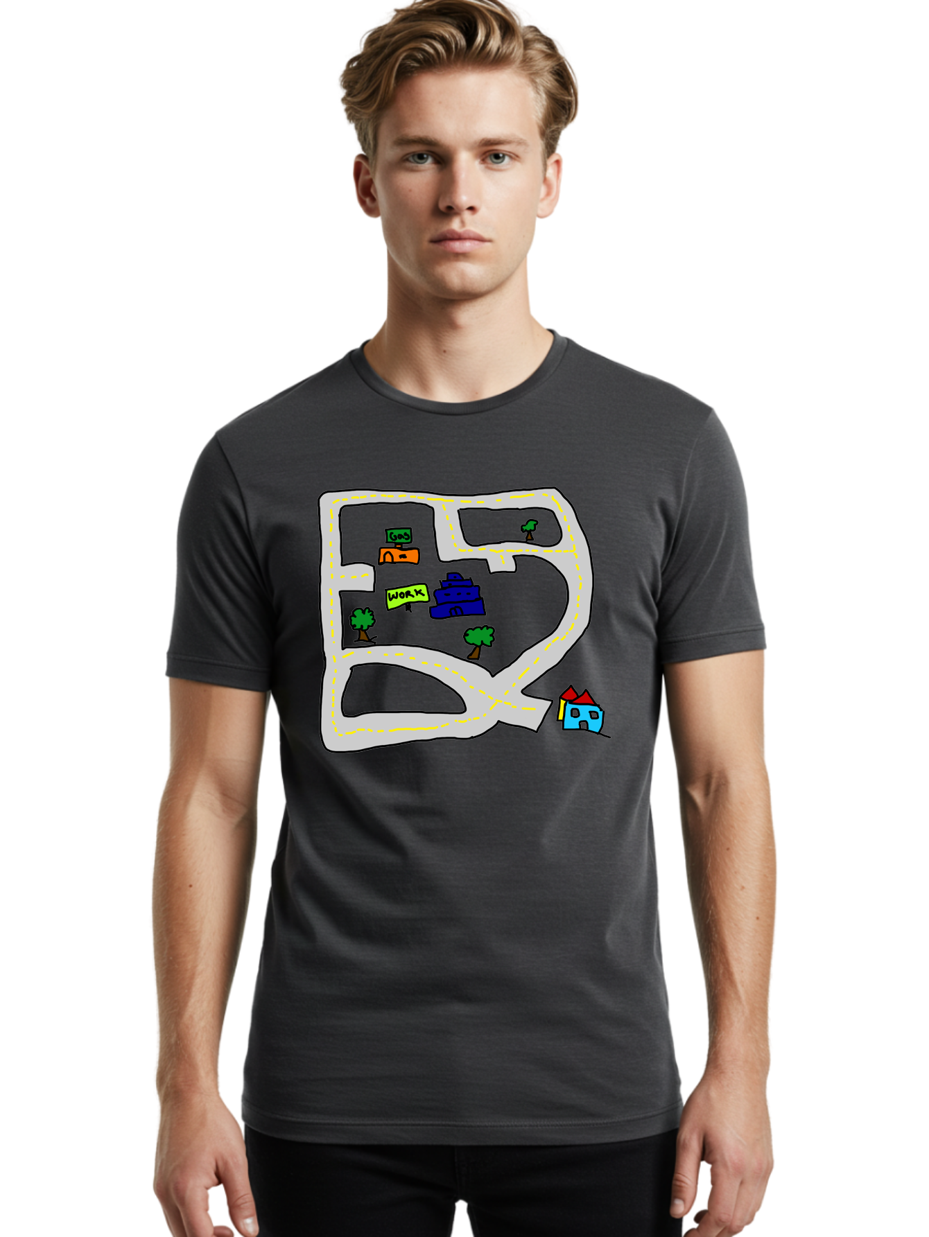 Road-Map Men'S Graphic Tee, 100% Cotton, Comfortable Casual Summer Wear, Machine Washable, Road To Work, Home Sweet Home, Daily Commute, Office Building, Daily Routine, Morning Journey -  Aaa116