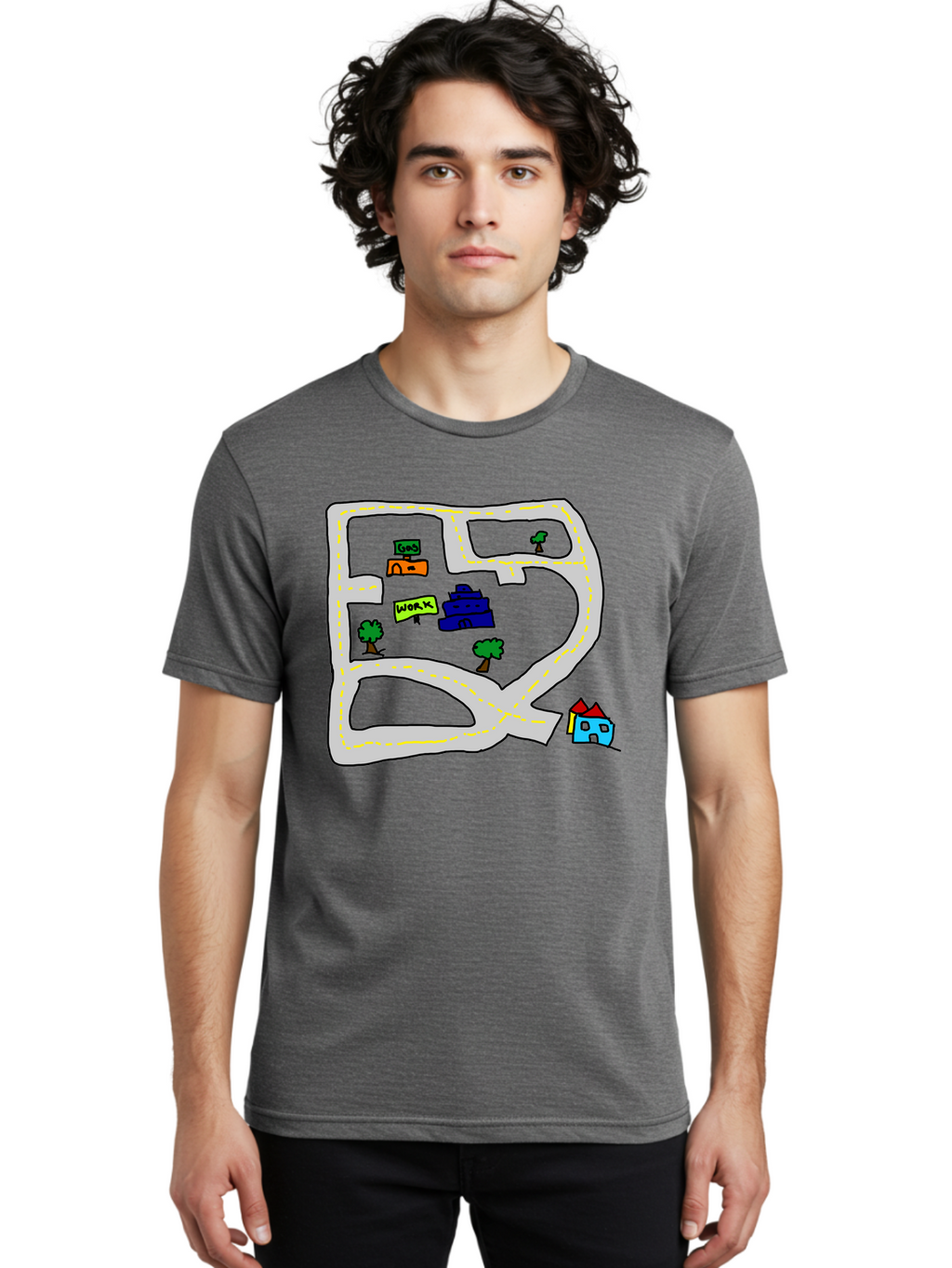 Road-Map Men'S Graphic Tee, 100% Cotton, Comfortable Casual Summer Wear, Machine Washable, Road To Work, Home Sweet Home, Daily Commute, Office Building, Daily Routine, Morning Journey -  Aaa116