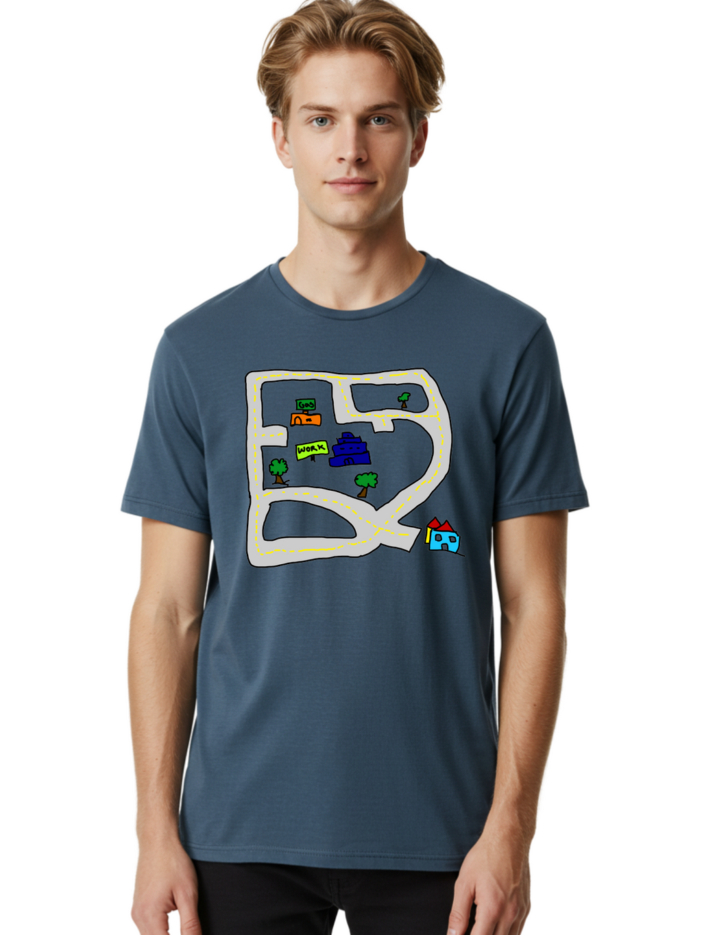 Road-Map Men'S Graphic Tee, 100% Cotton, Comfortable Casual Summer Wear, Machine Washable, Road To Work, Home Sweet Home, Daily Commute, Office Building, Daily Routine, Morning Journey -  Aaa116