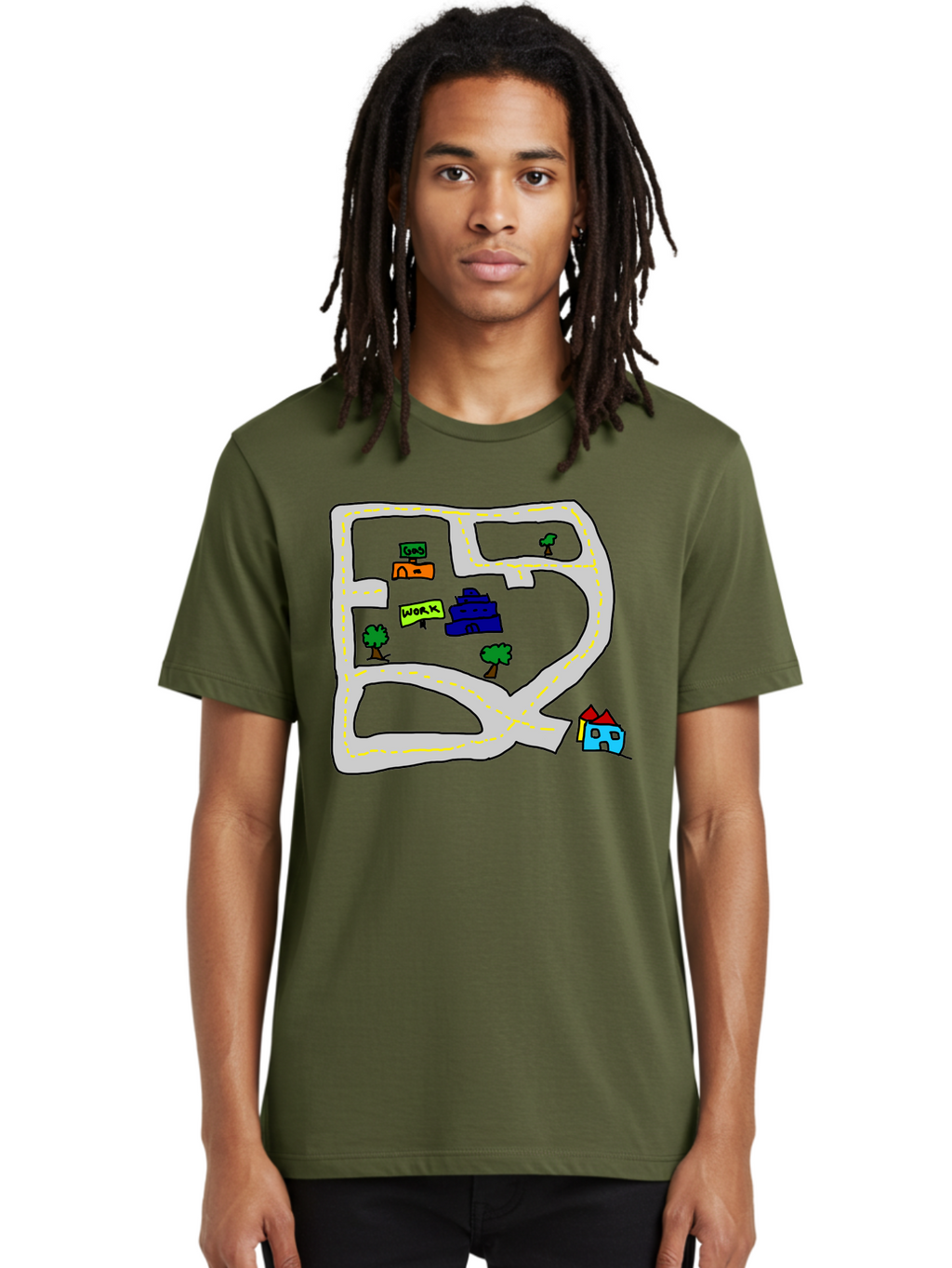 Road-Map Men'S Graphic Tee, 100% Cotton, Comfortable Casual Summer Wear, Machine Washable, Road To Work, Home Sweet Home, Daily Commute, Office Building, Daily Routine, Morning Journey -  Aaa116