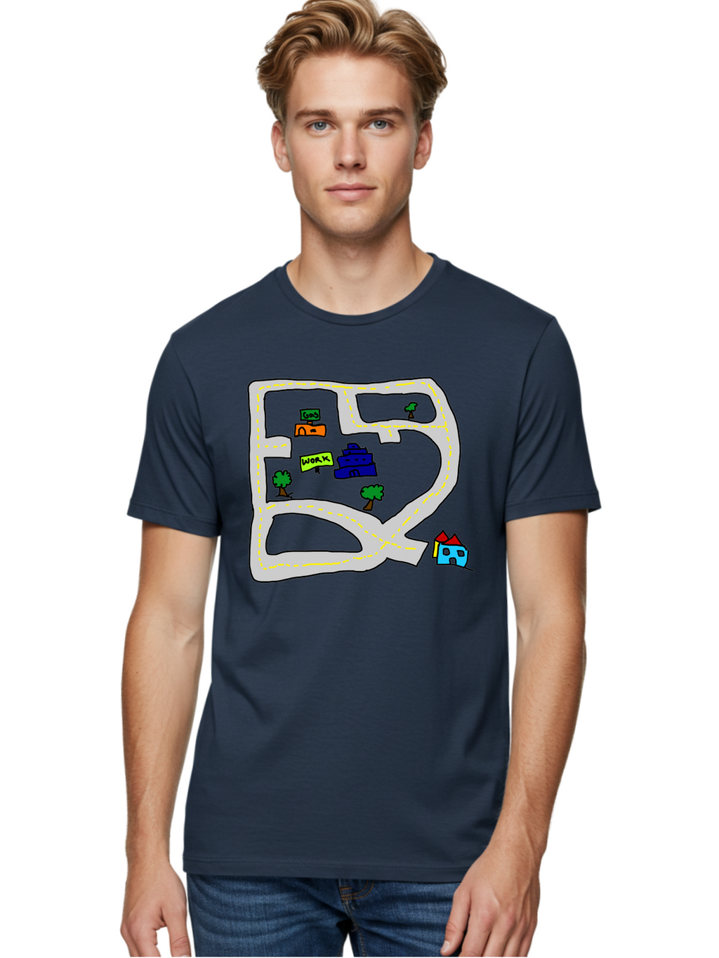 Road-Map Men'S Graphic Tee, 100% Cotton, Comfortable Casual Summer Wear, Machine Washable, Road To Work, Home Sweet Home, Daily Commute, Office Building, Daily Routine, Morning Journey -  Aaa116
