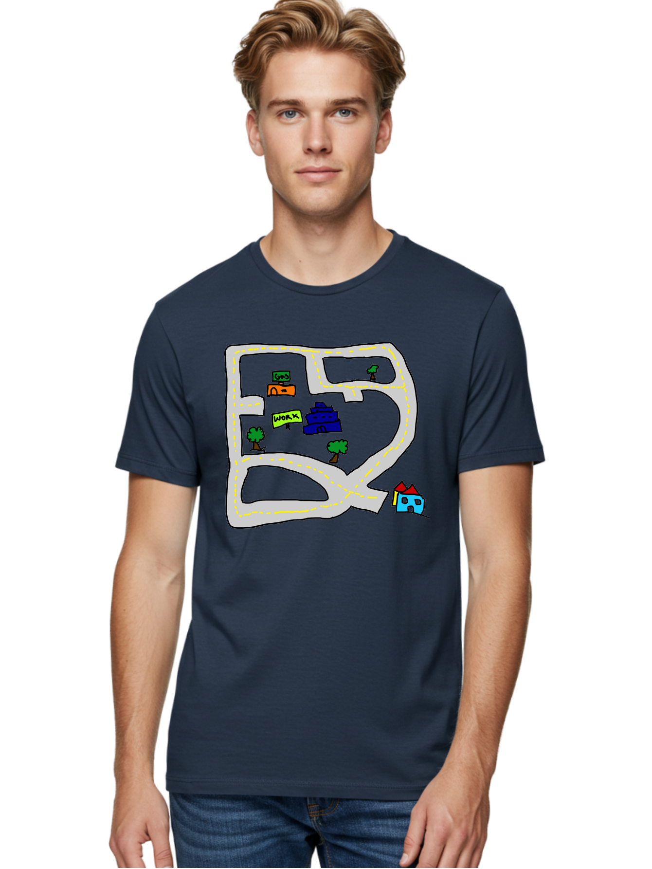 Road-Map Men'S Graphic Tee, 100% Cotton, Comfortable Casual Summer Wear, Machine Washable, Road To Work, Home Sweet Home, Daily Commute, Office Building, Daily Routine, Morning Journey -  Aaa116