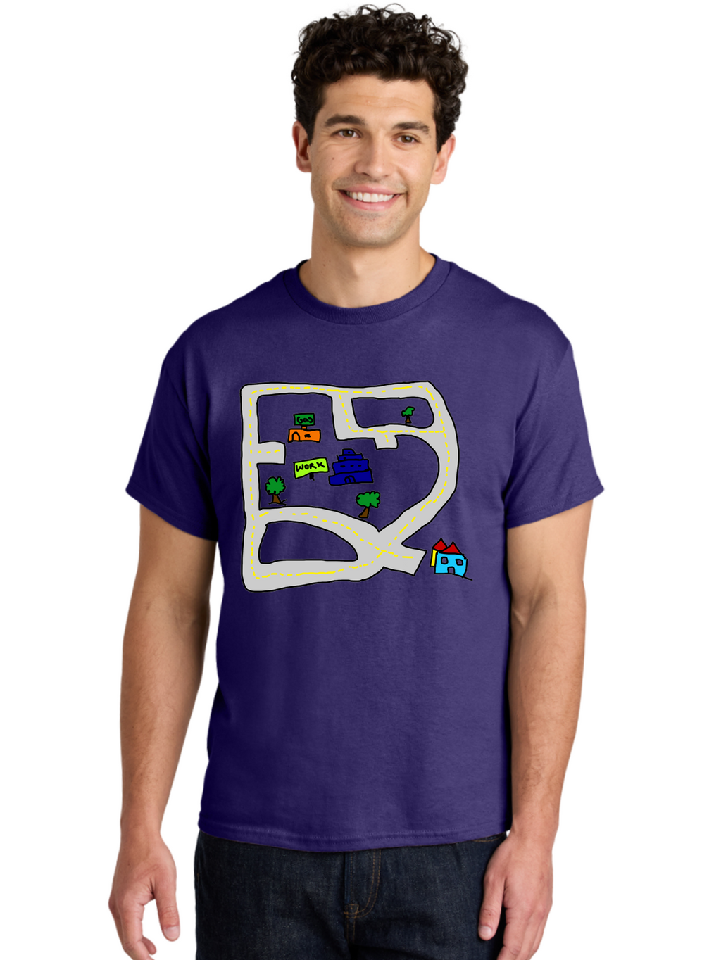 Road-Map Men'S Graphic Tee, 100% Cotton, Comfortable Casual Summer Wear, Machine Washable, Road To Work, Home Sweet Home, Daily Commute, Office Building, Daily Routine, Morning Journey -  Aaa116
