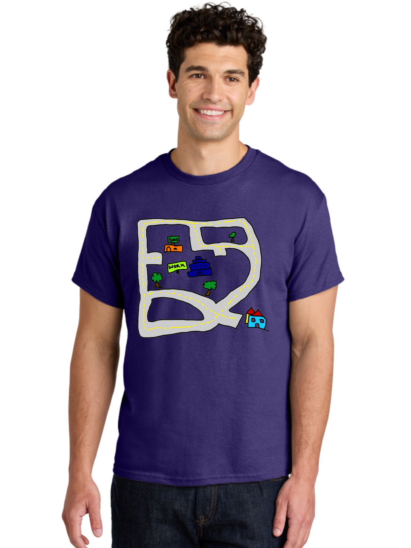 Road-Map Men'S Graphic Tee, 100% Cotton, Comfortable Casual Summer Wear, Machine Washable, Road To Work, Home Sweet Home, Daily Commute, Office Building, Daily Routine, Morning Journey -  Aaa116