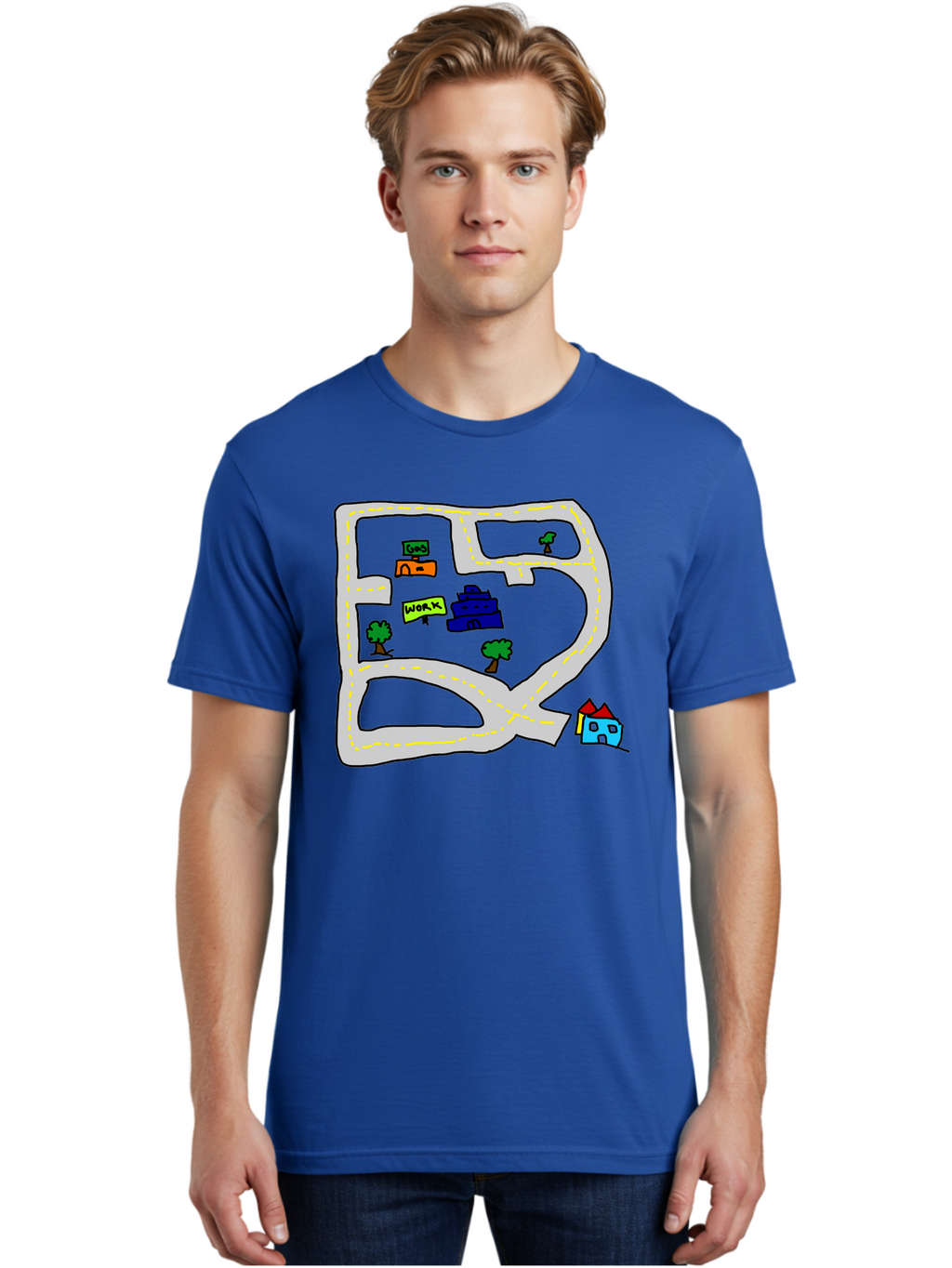 Road-Map Men'S Graphic Tee, 100% Cotton, Comfortable Casual Summer Wear, Machine Washable, Road To Work, Home Sweet Home, Daily Commute, Office Building, Daily Routine, Morning Journey -  Aaa116