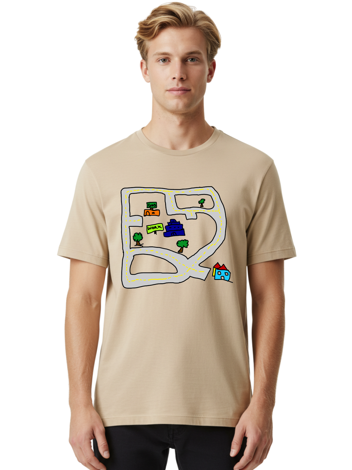 Road-Map Men'S Graphic Tee, 100% Cotton, Comfortable Casual Summer Wear, Machine Washable, Road To Work, Home Sweet Home, Daily Commute, Office Building, Daily Routine, Morning Journey -  Aaa116