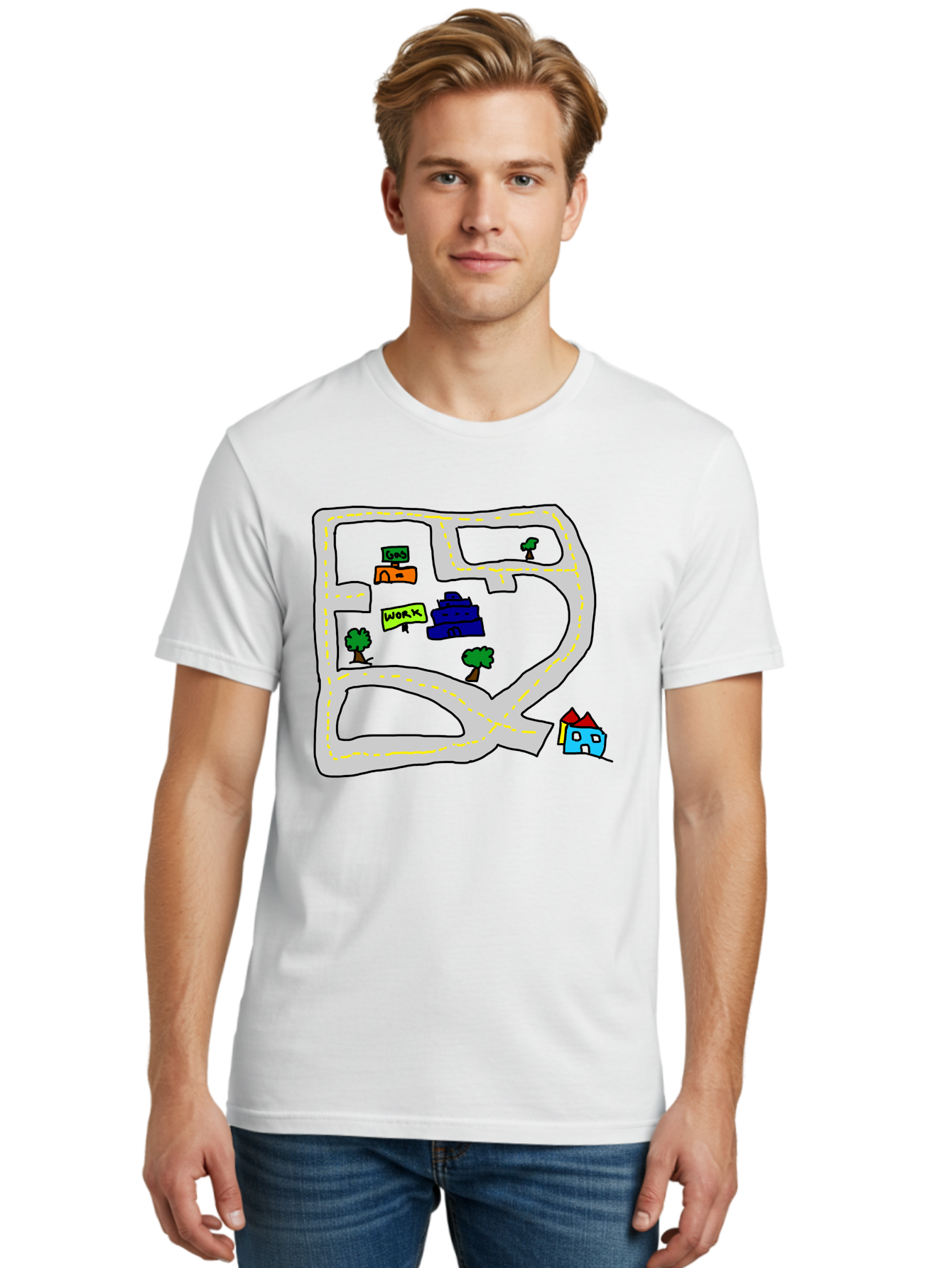 Road-Map Men'S Graphic Tee, 100% Cotton, Comfortable Casual Summer Wear, Machine Washable, Road To Work, Home Sweet Home, Daily Commute, Office Building, Daily Routine, Morning Journey -  Aaa116