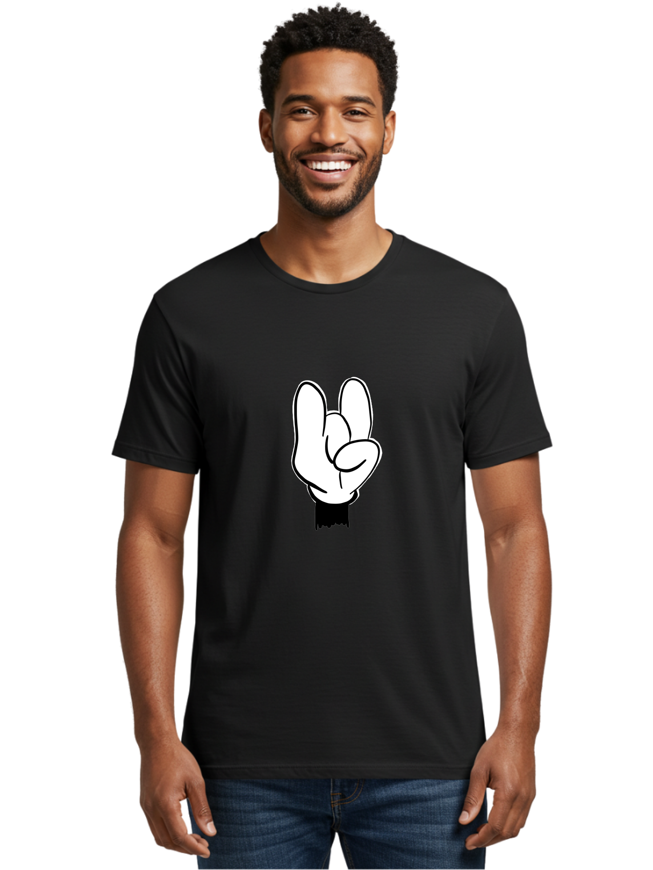Rock-On-Hand Men'S Graphic Tee, 100% Cotton, Comfortable Casual Summer Wear, Machine Washable, Hand Gesture, Peace Sign, Cartoon Illustration, White Hand, Black Sleeve, Simple Design, Symbol Of Peace, Illustration Art, Graphic Design -  Aaa117