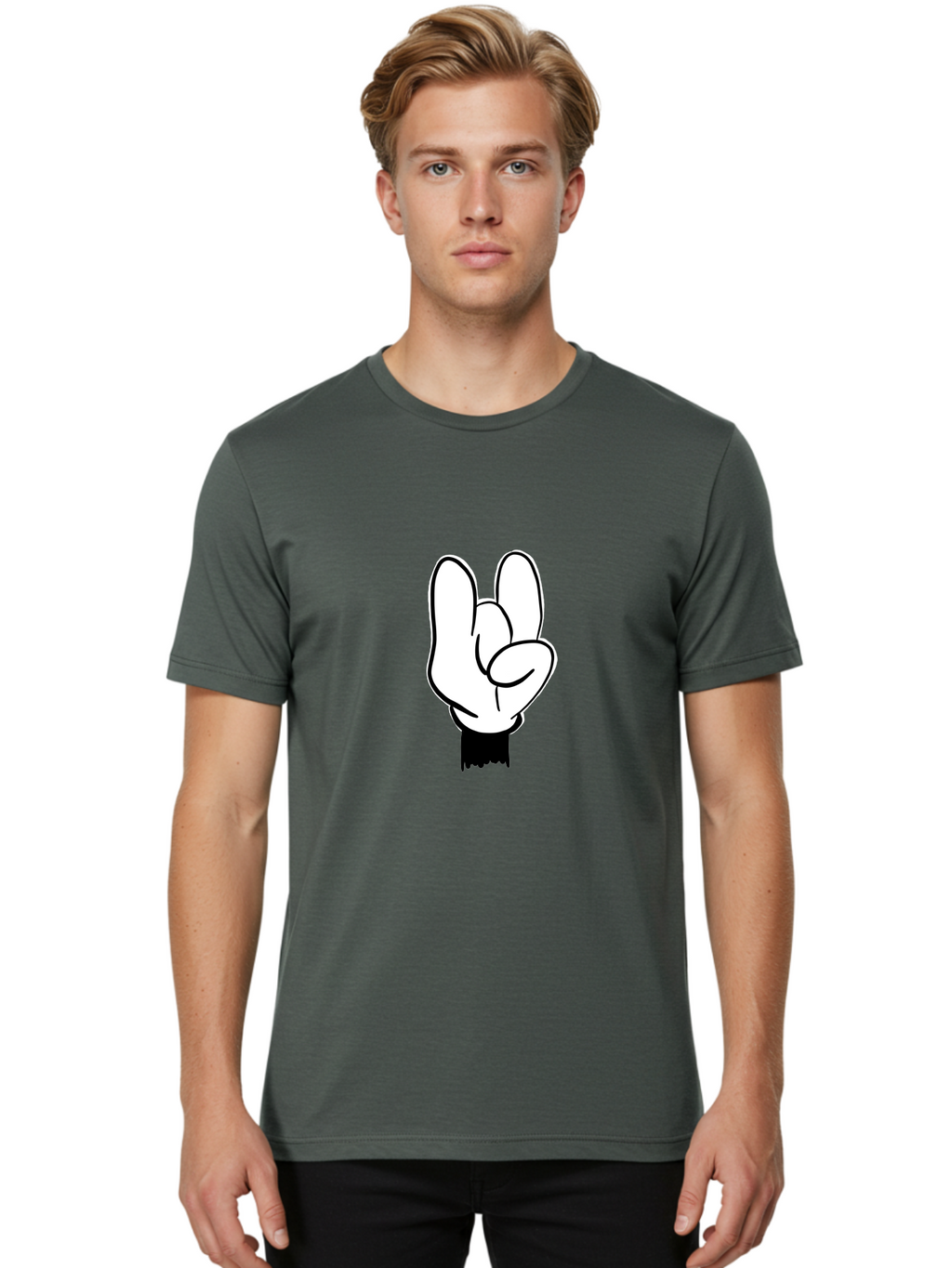 Rock-On-Hand Men'S Graphic Tee, 100% Cotton, Comfortable Casual Summer Wear, Machine Washable, Hand Gesture, Peace Sign, Cartoon Illustration, White Hand, Black Sleeve, Simple Design, Symbol Of Peace, Illustration Art, Graphic Design -  Aaa117