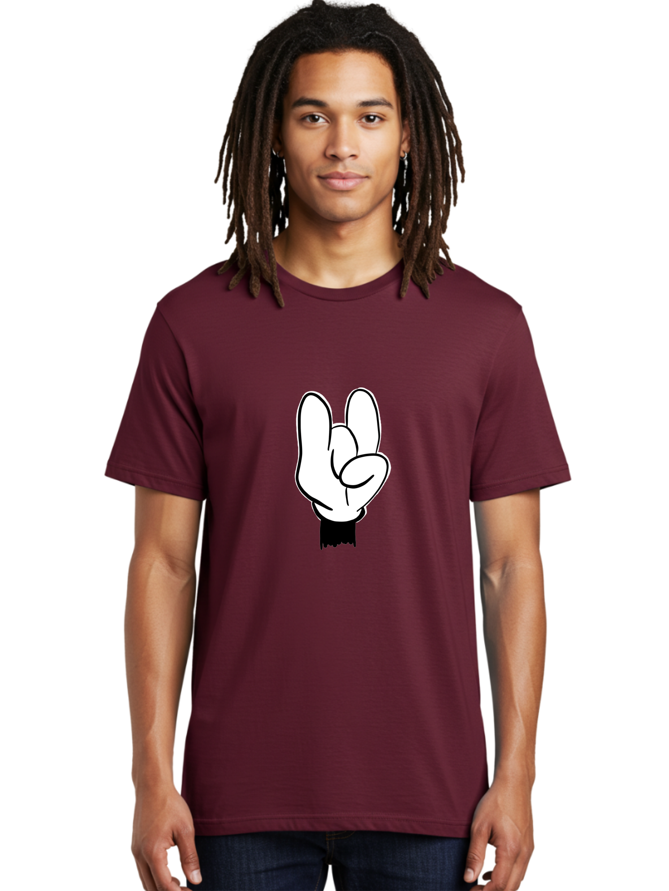 Rock-On-Hand Men'S Graphic Tee, 100% Cotton, Comfortable Casual Summer Wear, Machine Washable, Hand Gesture, Peace Sign, Cartoon Illustration, White Hand, Black Sleeve, Simple Design, Symbol Of Peace, Illustration Art, Graphic Design -  Aaa117