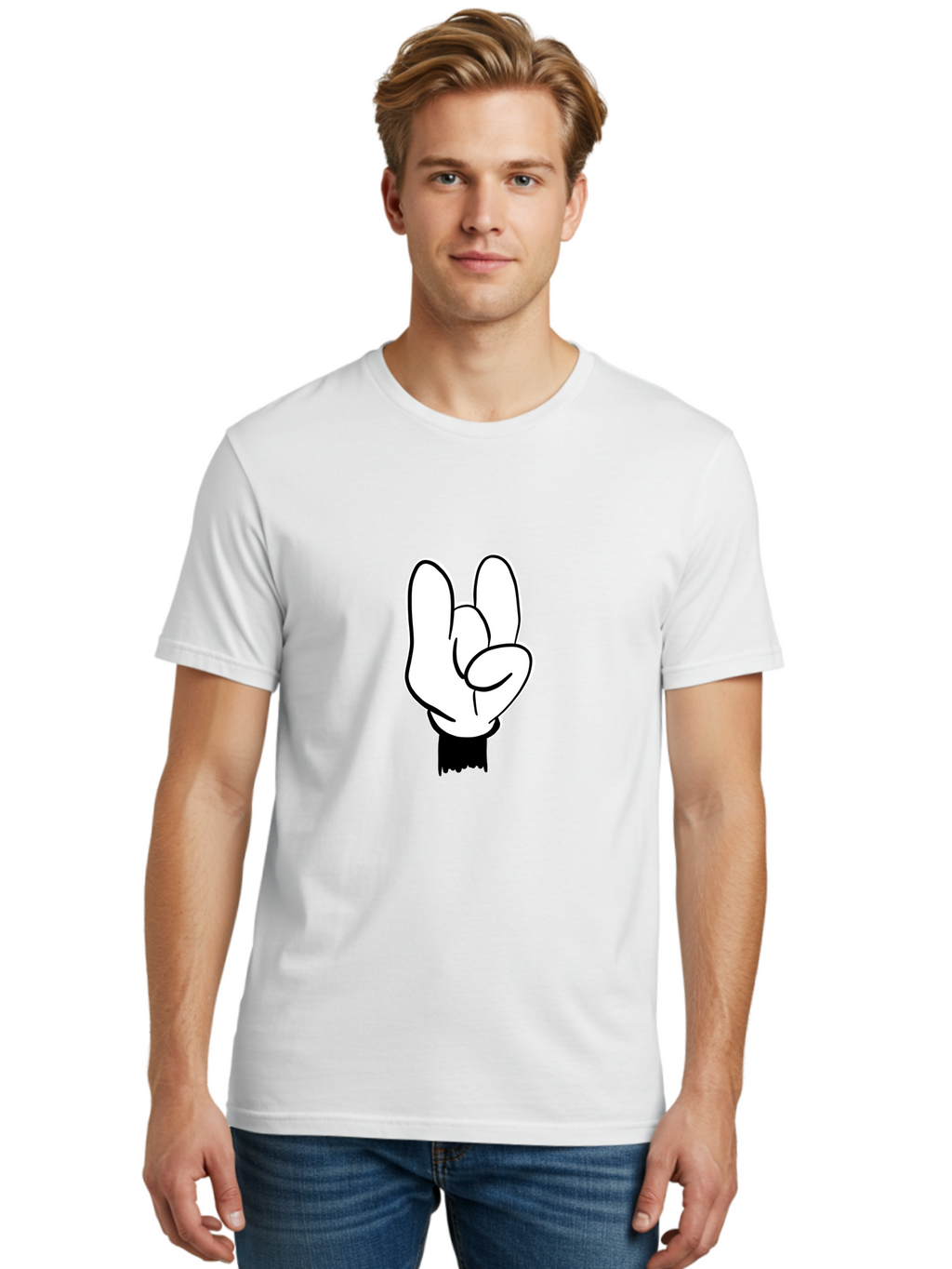 Rock-On-Hand Men'S Graphic Tee, 100% Cotton, Comfortable Casual Summer Wear, Machine Washable, Hand Gesture, Peace Sign, Cartoon Illustration, White Hand, Black Sleeve, Simple Design, Symbol Of Peace, Illustration Art, Graphic Design -  Aaa117