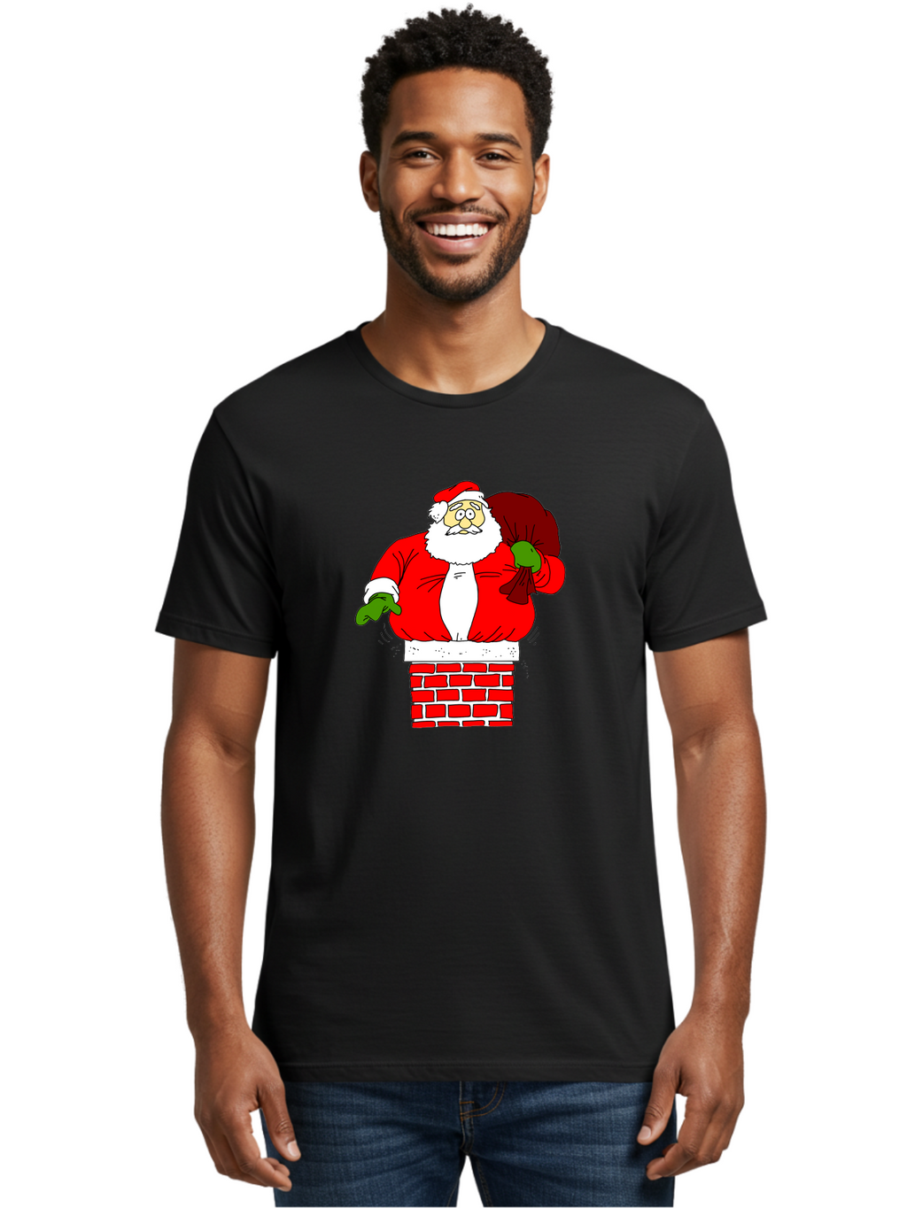 Santa-Claus Men'S Graphic Tee, 100% Cotton, Comfortable Casual Summer Wear, Machine Washable, Santa Claus Emerging From A Chimney, Christmas Magic, Festive Season, Holiday Cheer, Jolly Old Man, Gift Giving, Red Suit, White Beard, -  Aaa118