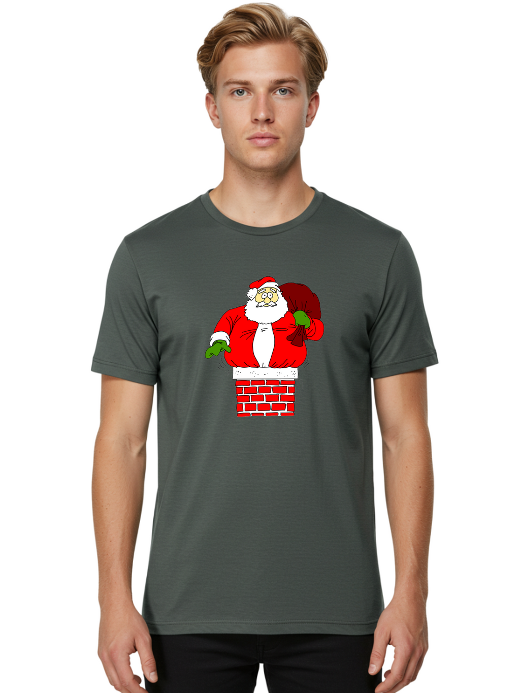 Santa-Claus Men'S Graphic Tee, 100% Cotton, Comfortable Casual Summer Wear, Machine Washable, Santa Claus Emerging From A Chimney, Christmas Magic, Festive Season, Holiday Cheer, Jolly Old Man, Gift Giving, Red Suit, White Beard, -  Aaa118