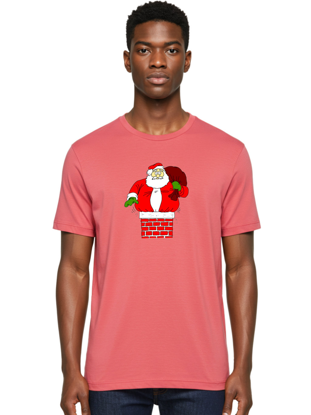 Santa-Claus Men'S Graphic Tee, 100% Cotton, Comfortable Casual Summer Wear, Machine Washable, Santa Claus Emerging From A Chimney, Christmas Magic, Festive Season, Holiday Cheer, Jolly Old Man, Gift Giving, Red Suit, White Beard, -  Aaa118