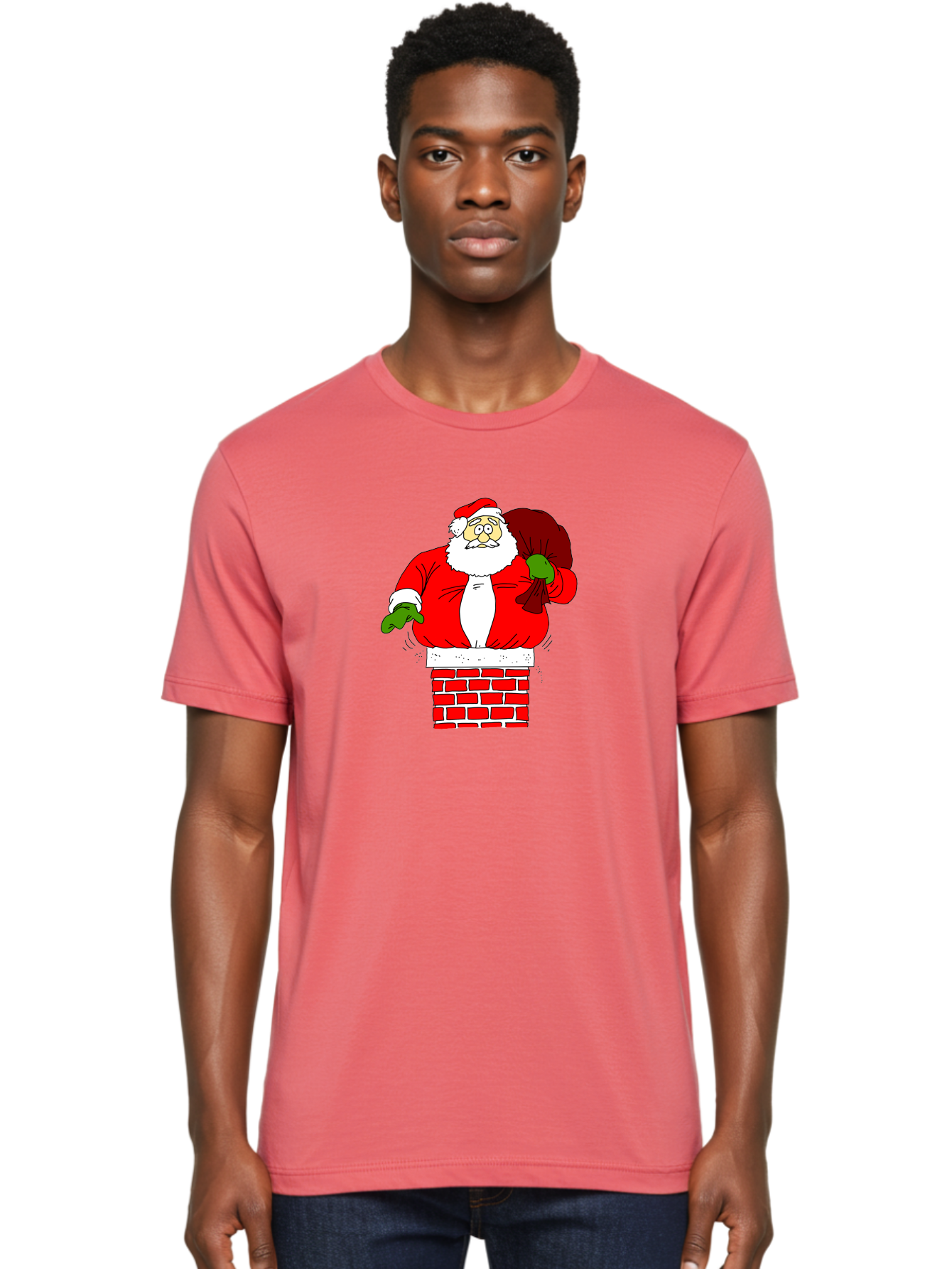 Santa-Claus Men'S Graphic Tee, 100% Cotton, Comfortable Casual Summer Wear, Machine Washable, Santa Claus Emerging From A Chimney, Christmas Magic, Festive Season, Holiday Cheer, Jolly Old Man, Gift Giving, Red Suit, White Beard, -  Aaa118