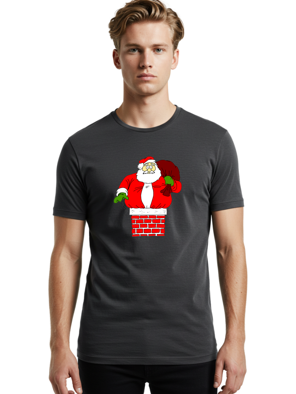 Santa-Claus Men'S Graphic Tee, 100% Cotton, Comfortable Casual Summer Wear, Machine Washable, Santa Claus Emerging From A Chimney, Christmas Magic, Festive Season, Holiday Cheer, Jolly Old Man, Gift Giving, Red Suit, White Beard, -  Aaa118