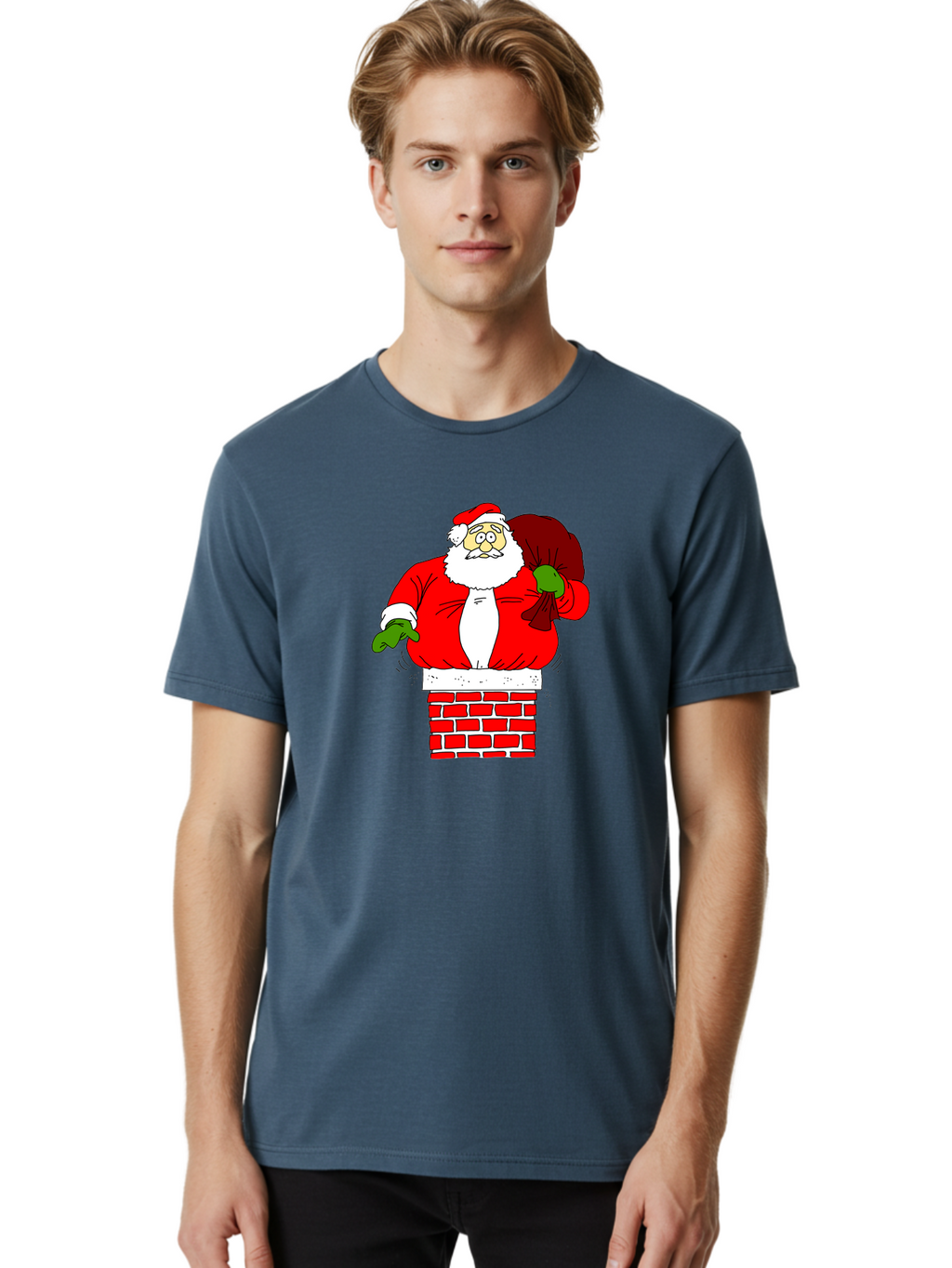 Santa-Claus Men'S Graphic Tee, 100% Cotton, Comfortable Casual Summer Wear, Machine Washable, Santa Claus Emerging From A Chimney, Christmas Magic, Festive Season, Holiday Cheer, Jolly Old Man, Gift Giving, Red Suit, White Beard, -  Aaa118