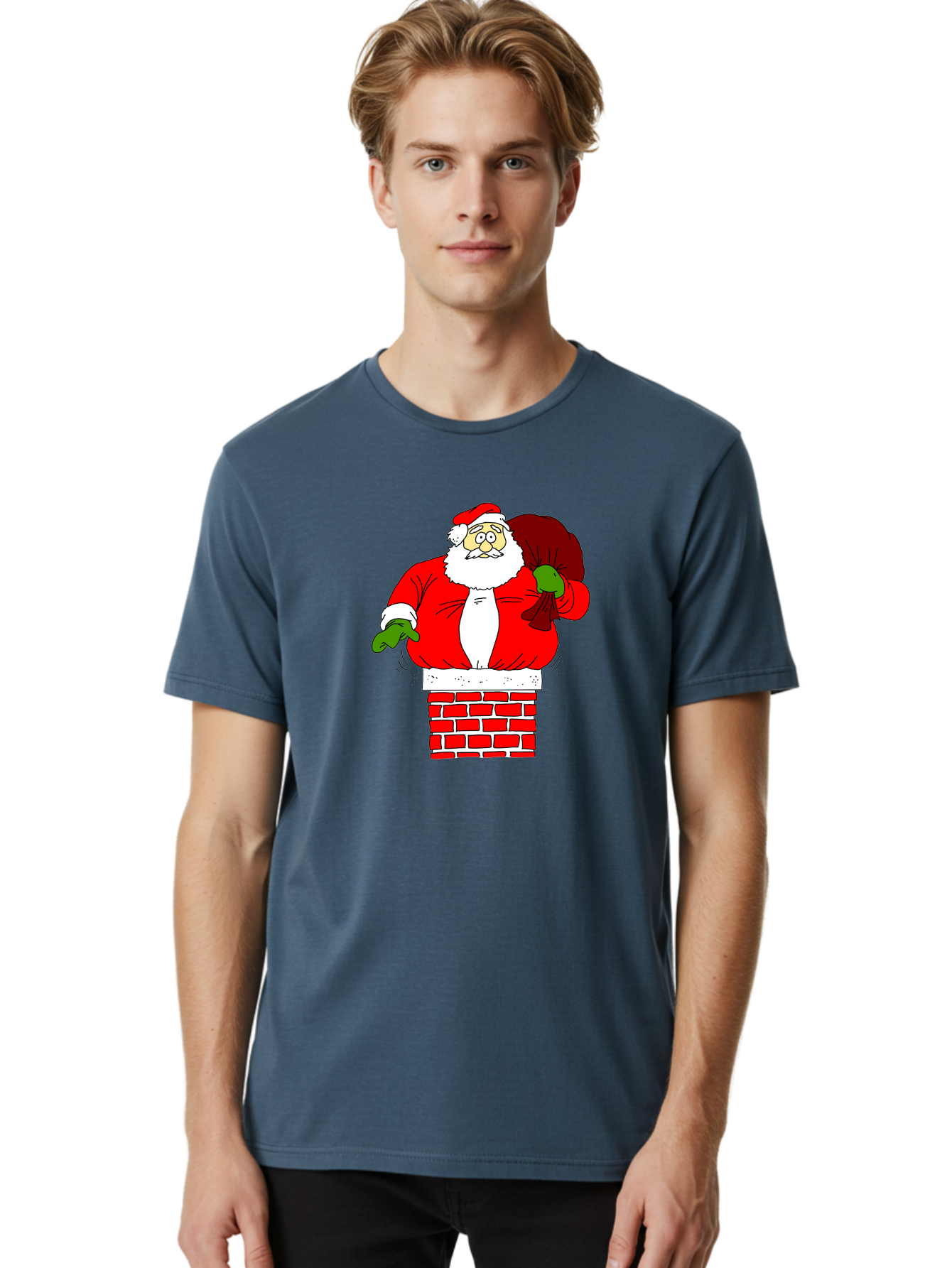Santa-Claus Men'S Graphic Tee, 100% Cotton, Comfortable Casual Summer Wear, Machine Washable, Santa Claus Emerging From A Chimney, Christmas Magic, Festive Season, Holiday Cheer, Jolly Old Man, Gift Giving, Red Suit, White Beard, -  Aaa118