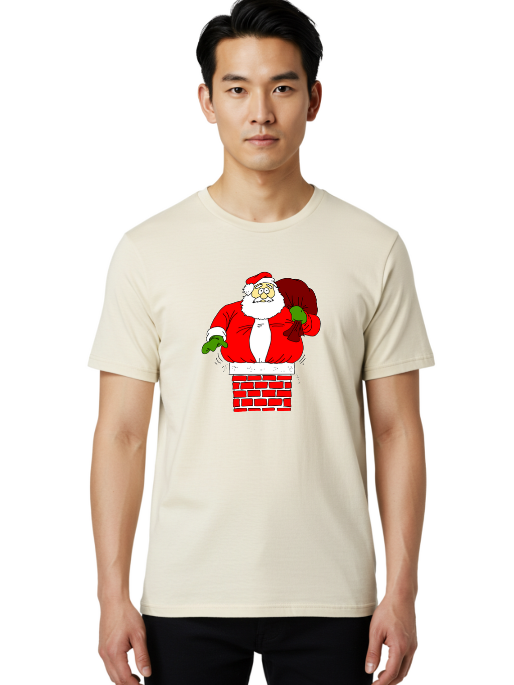 Santa-Claus Men'S Graphic Tee, 100% Cotton, Comfortable Casual Summer Wear, Machine Washable, Santa Claus Emerging From A Chimney, Christmas Magic, Festive Season, Holiday Cheer, Jolly Old Man, Gift Giving, Red Suit, White Beard, -  Aaa118