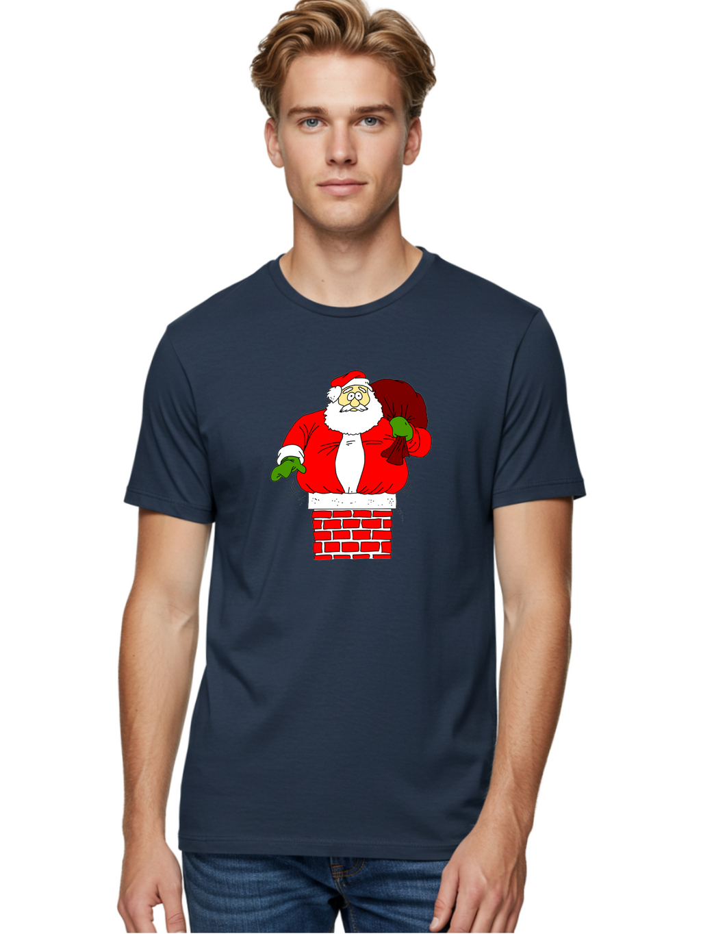 Santa-Claus Men'S Graphic Tee, 100% Cotton, Comfortable Casual Summer Wear, Machine Washable, Santa Claus Emerging From A Chimney, Christmas Magic, Festive Season, Holiday Cheer, Jolly Old Man, Gift Giving, Red Suit, White Beard, -  Aaa118