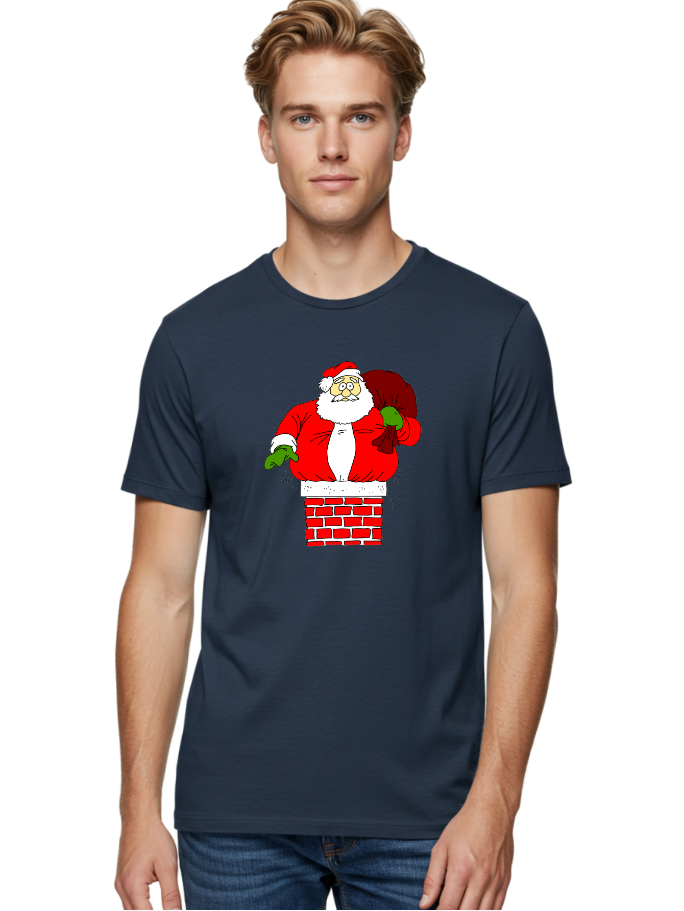 Santa-Claus Men'S Graphic Tee, 100% Cotton, Comfortable Casual Summer Wear, Machine Washable, Santa Claus Emerging From A Chimney, Christmas Magic, Festive Season, Holiday Cheer, Jolly Old Man, Gift Giving, Red Suit, White Beard, -  Aaa118