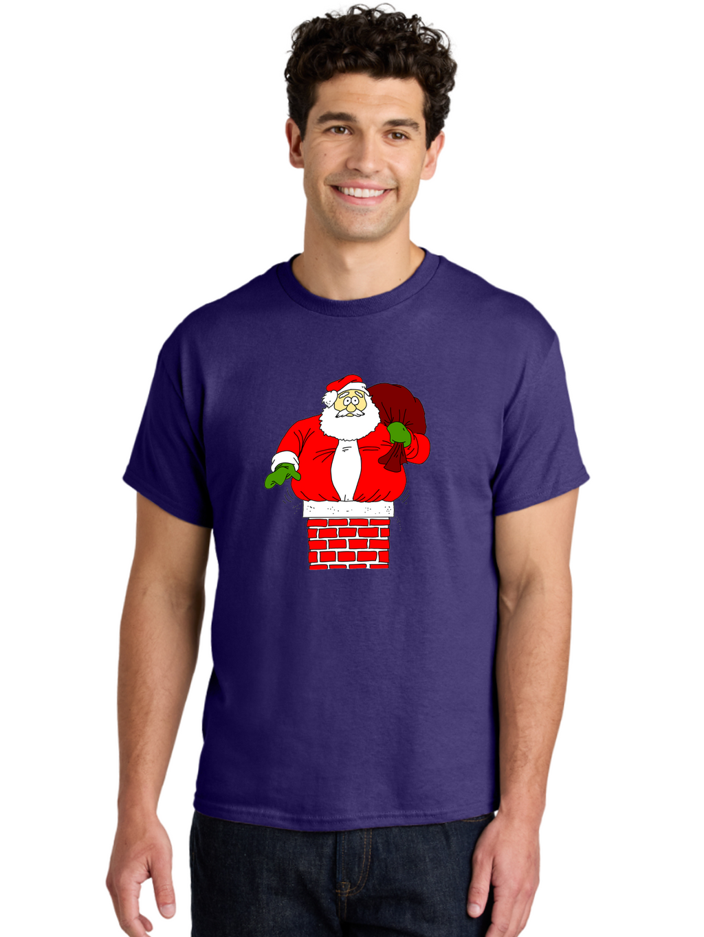 Santa-Claus Men'S Graphic Tee, 100% Cotton, Comfortable Casual Summer Wear, Machine Washable, Santa Claus Emerging From A Chimney, Christmas Magic, Festive Season, Holiday Cheer, Jolly Old Man, Gift Giving, Red Suit, White Beard, -  Aaa118