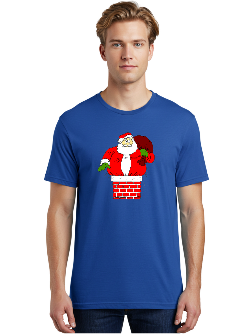 Santa-Claus Men'S Graphic Tee, 100% Cotton, Comfortable Casual Summer Wear, Machine Washable, Santa Claus Emerging From A Chimney, Christmas Magic, Festive Season, Holiday Cheer, Jolly Old Man, Gift Giving, Red Suit, White Beard, -  Aaa118