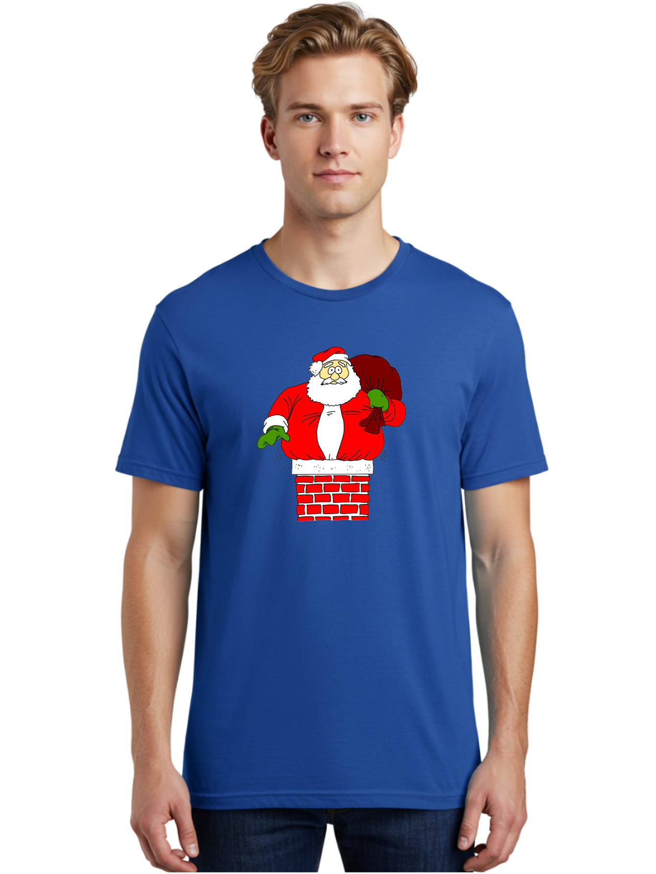 Santa-Claus Men'S Graphic Tee, 100% Cotton, Comfortable Casual Summer Wear, Machine Washable, Santa Claus Emerging From A Chimney, Christmas Magic, Festive Season, Holiday Cheer, Jolly Old Man, Gift Giving, Red Suit, White Beard, -  Aaa118