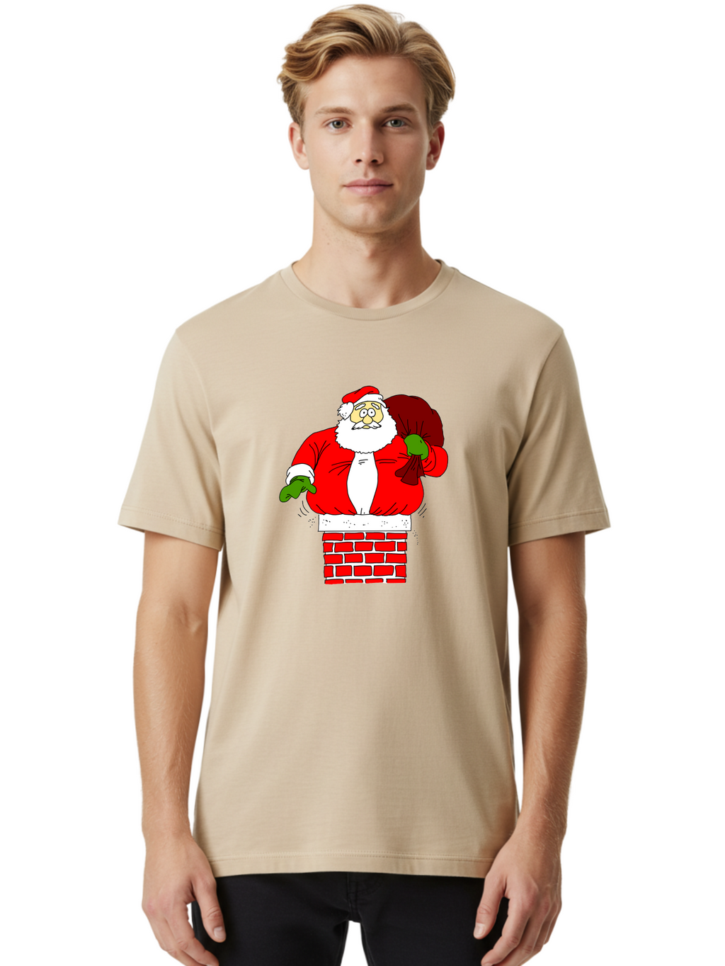Santa-Claus Men'S Graphic Tee, 100% Cotton, Comfortable Casual Summer Wear, Machine Washable, Santa Claus Emerging From A Chimney, Christmas Magic, Festive Season, Holiday Cheer, Jolly Old Man, Gift Giving, Red Suit, White Beard, -  Aaa118