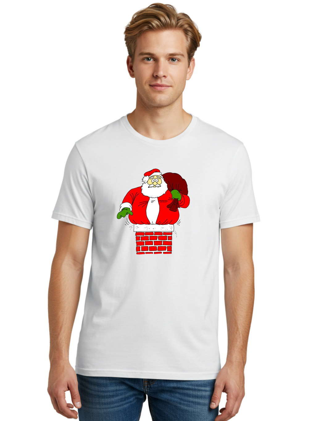 Santa-Claus Men'S Graphic Tee, 100% Cotton, Comfortable Casual Summer Wear, Machine Washable, Santa Claus Emerging From A Chimney, Christmas Magic, Festive Season, Holiday Cheer, Jolly Old Man, Gift Giving, Red Suit, White Beard, -  Aaa118