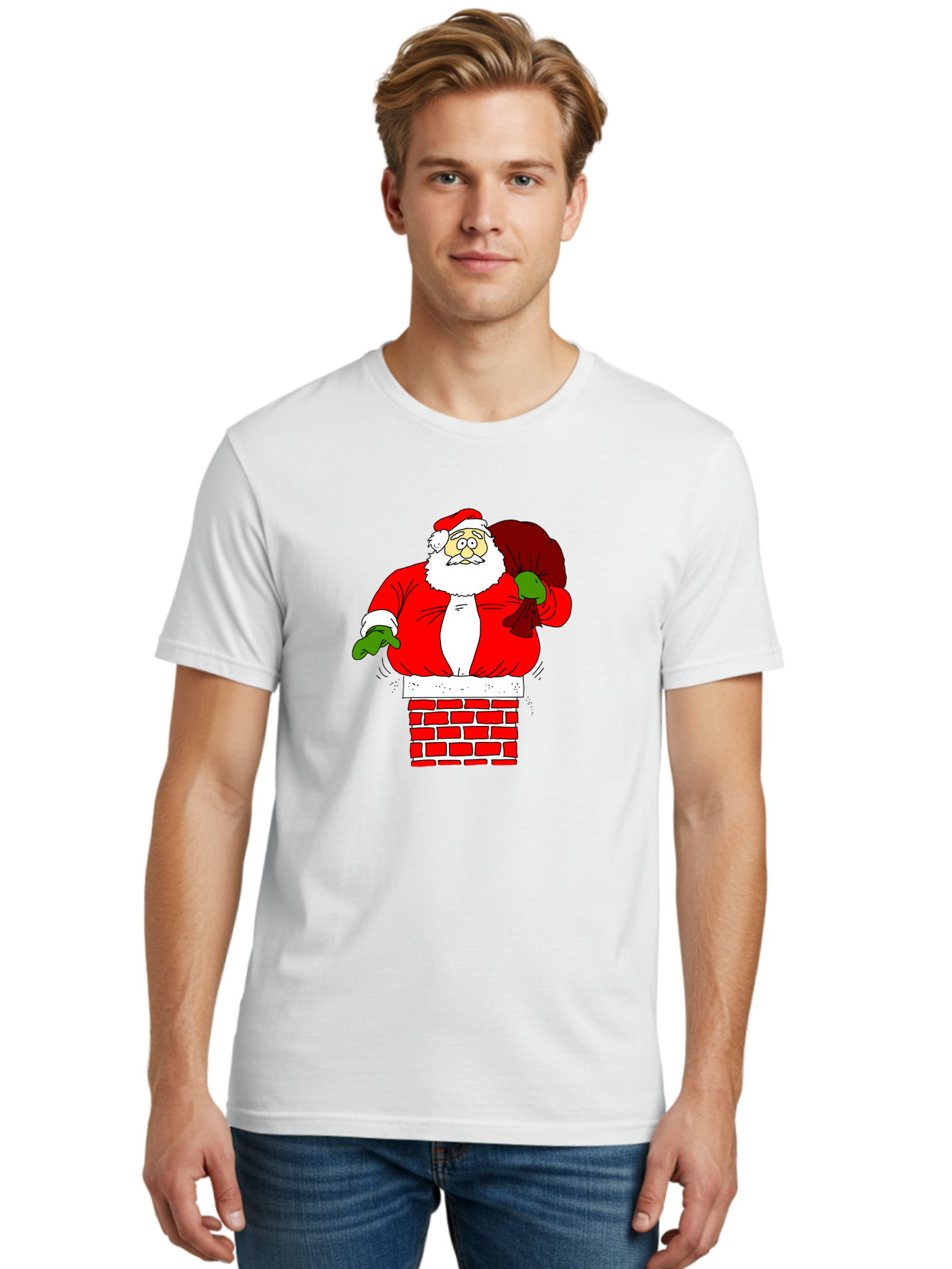Santa-Claus Men'S Graphic Tee, 100% Cotton, Comfortable Casual Summer Wear, Machine Washable, Santa Claus Emerging From A Chimney, Christmas Magic, Festive Season, Holiday Cheer, Jolly Old Man, Gift Giving, Red Suit, White Beard, -  Aaa118