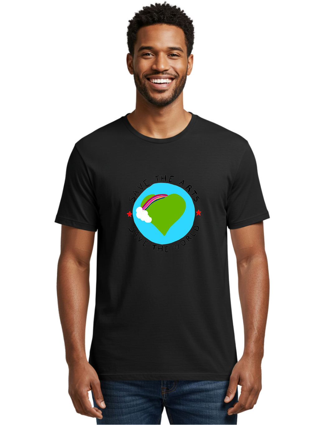 Save-The-Arts-Save-The-World Men'S Graphic Tee, 100% Cotton, Comfortable Casual Summer Wear, Machine Washable, Heart-Shaped Earth, Rainbow, Cloud, Save The Arts, Save The World, Creative Expression, Artistic Activism, -  Aaa120