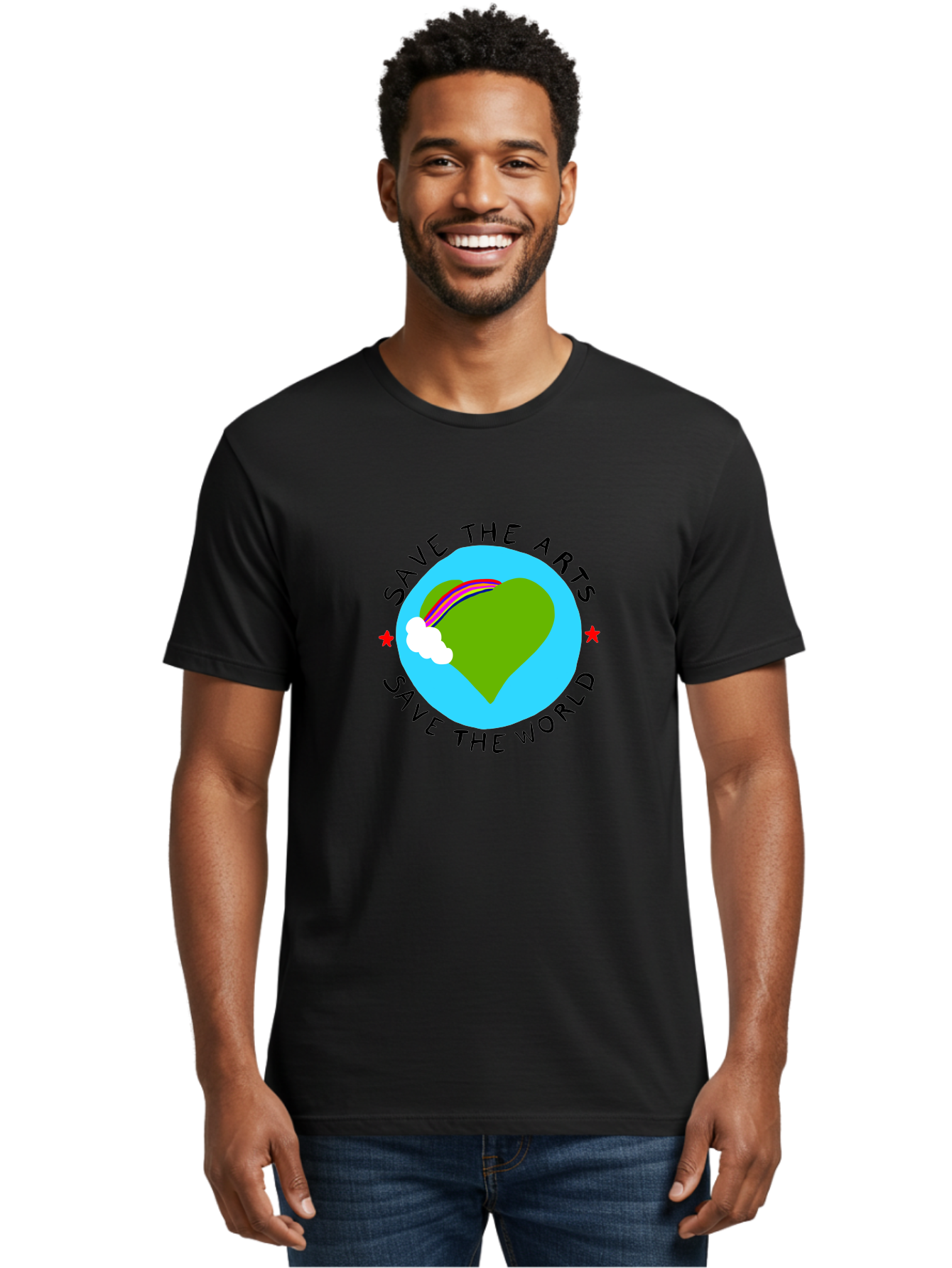 Save-The-Arts-Save-The-World Men'S Graphic Tee, 100% Cotton, Comfortable Casual Summer Wear, Machine Washable, Heart-Shaped Earth, Rainbow, Cloud, Save The Arts, Save The World, Creative Expression, Artistic Activism, -  Aaa120