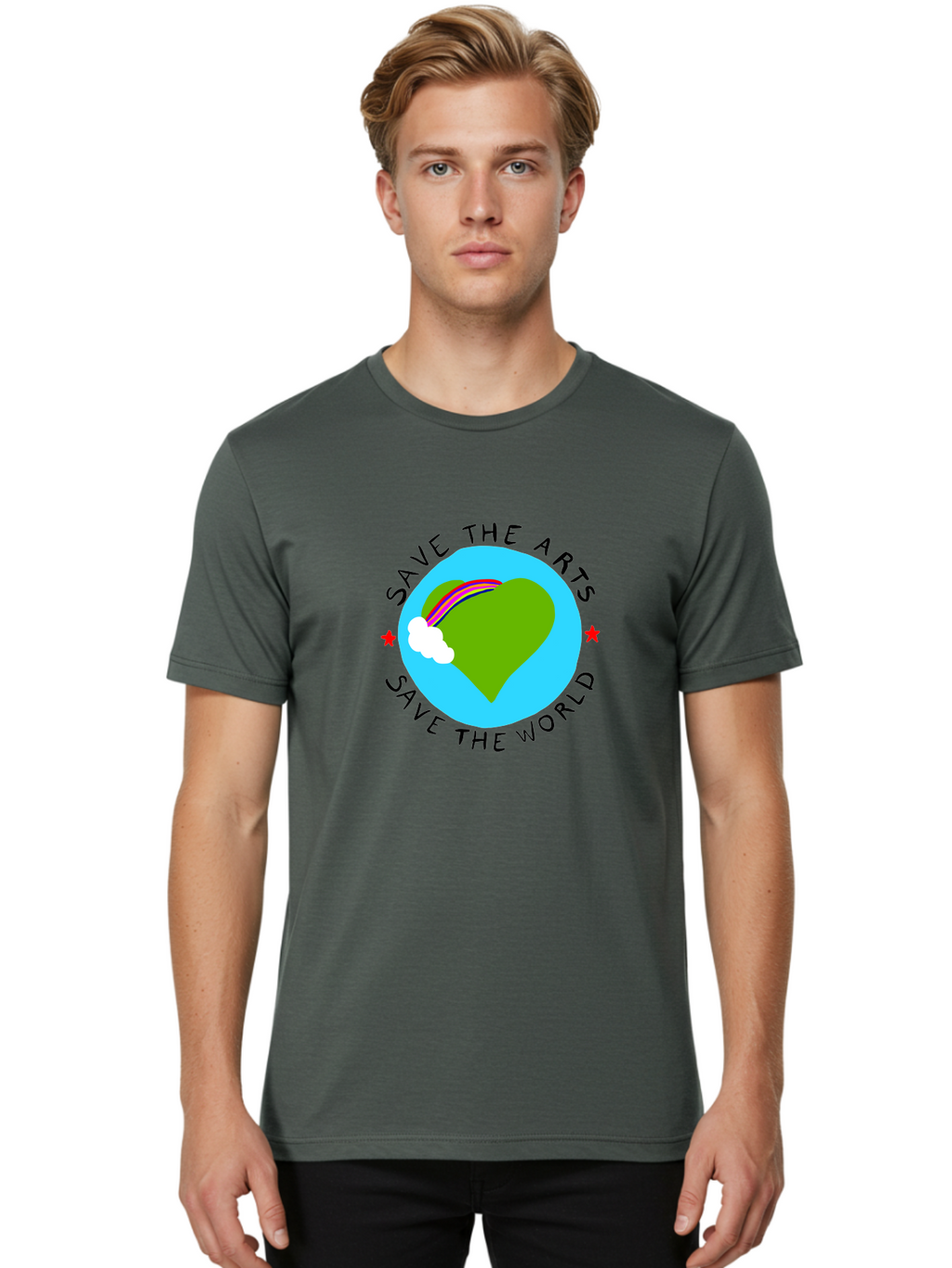 Save-The-Arts-Save-The-World Men'S Graphic Tee, 100% Cotton, Comfortable Casual Summer Wear, Machine Washable, Heart-Shaped Earth, Rainbow, Cloud, Save The Arts, Save The World, Creative Expression, Artistic Activism, -  Aaa120