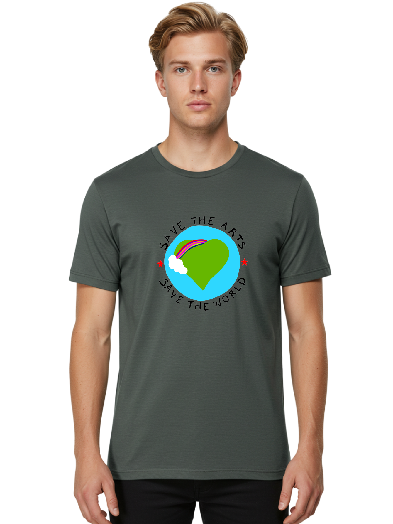 Save-The-Arts-Save-The-World Men'S Graphic Tee, 100% Cotton, Comfortable Casual Summer Wear, Machine Washable, Heart-Shaped Earth, Rainbow, Cloud, Save The Arts, Save The World, Creative Expression, Artistic Activism, -  Aaa120