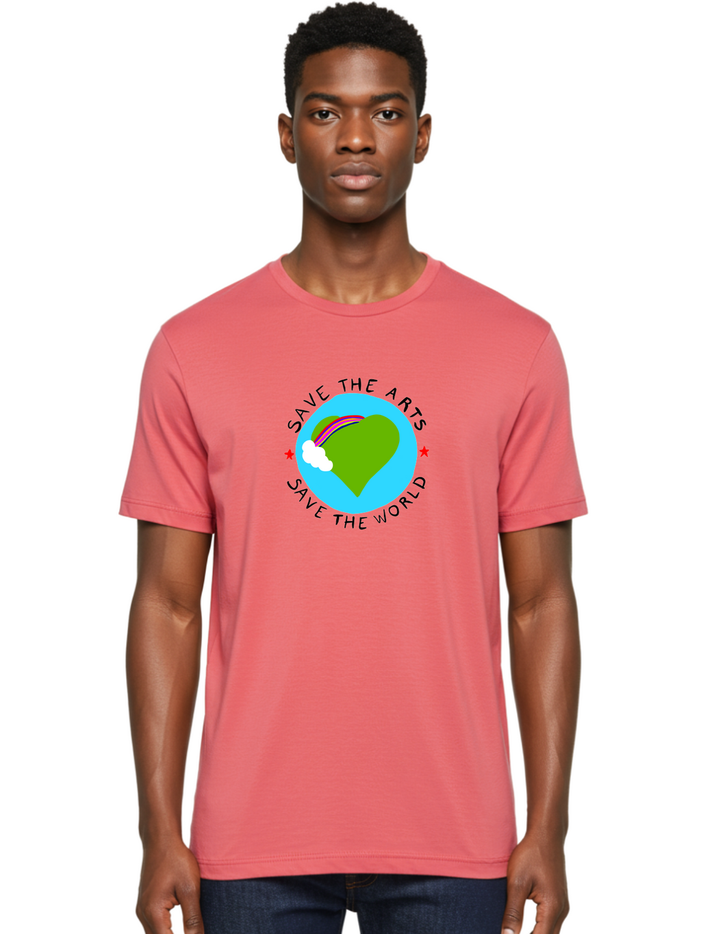 Save-The-Arts-Save-The-World Men'S Graphic Tee, 100% Cotton, Comfortable Casual Summer Wear, Machine Washable, Heart-Shaped Earth, Rainbow, Cloud, Save The Arts, Save The World, Creative Expression, Artistic Activism, -  Aaa120