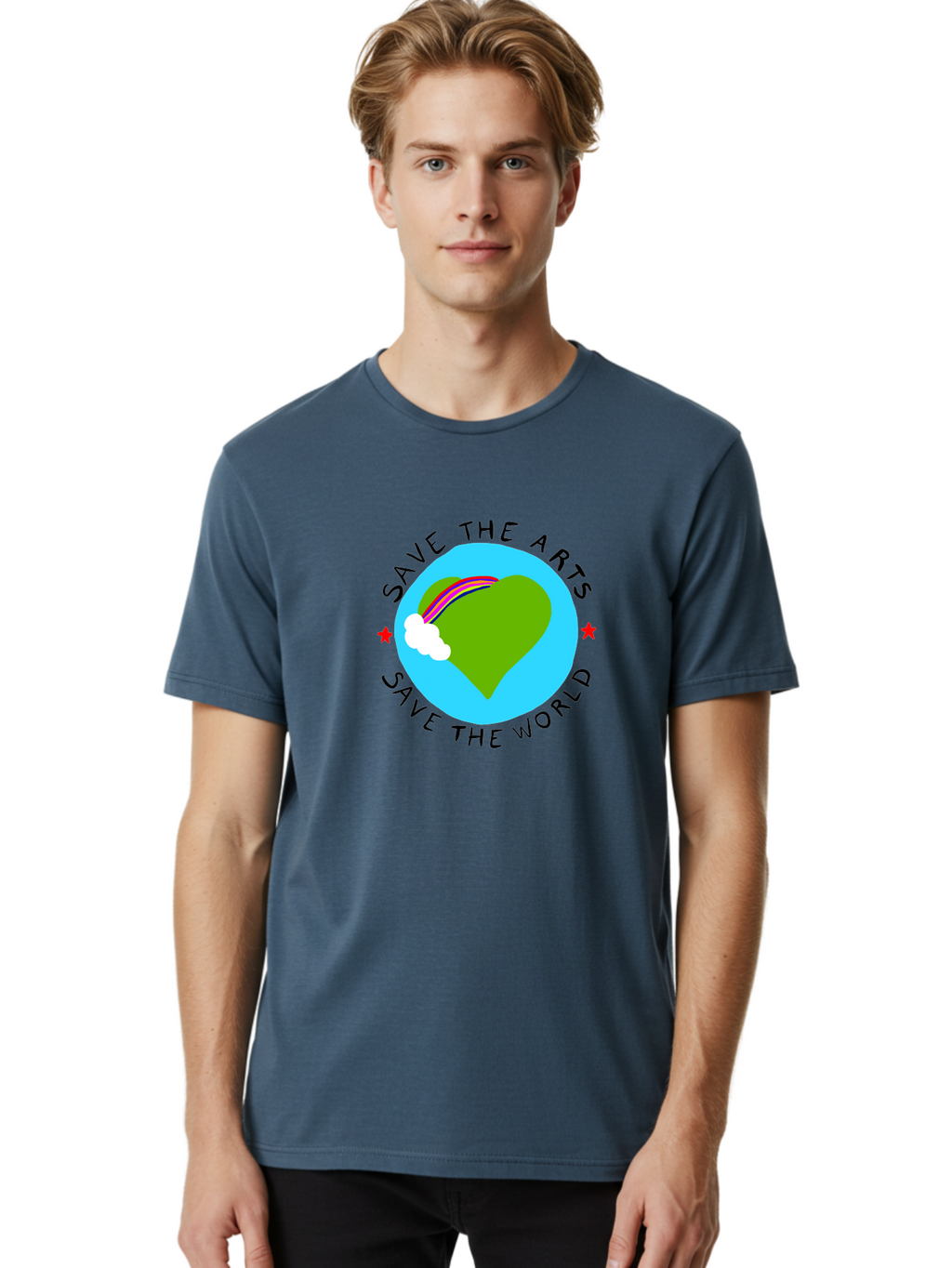 Save-The-Arts-Save-The-World Men'S Graphic Tee, 100% Cotton, Comfortable Casual Summer Wear, Machine Washable, Heart-Shaped Earth, Rainbow, Cloud, Save The Arts, Save The World, Creative Expression, Artistic Activism, -  Aaa120