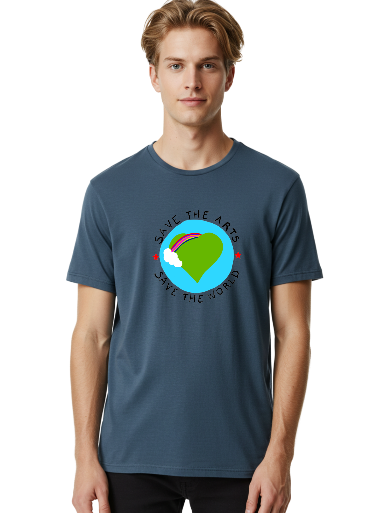 Save-The-Arts-Save-The-World Men'S Graphic Tee, 100% Cotton, Comfortable Casual Summer Wear, Machine Washable, Heart-Shaped Earth, Rainbow, Cloud, Save The Arts, Save The World, Creative Expression, Artistic Activism, -  Aaa120