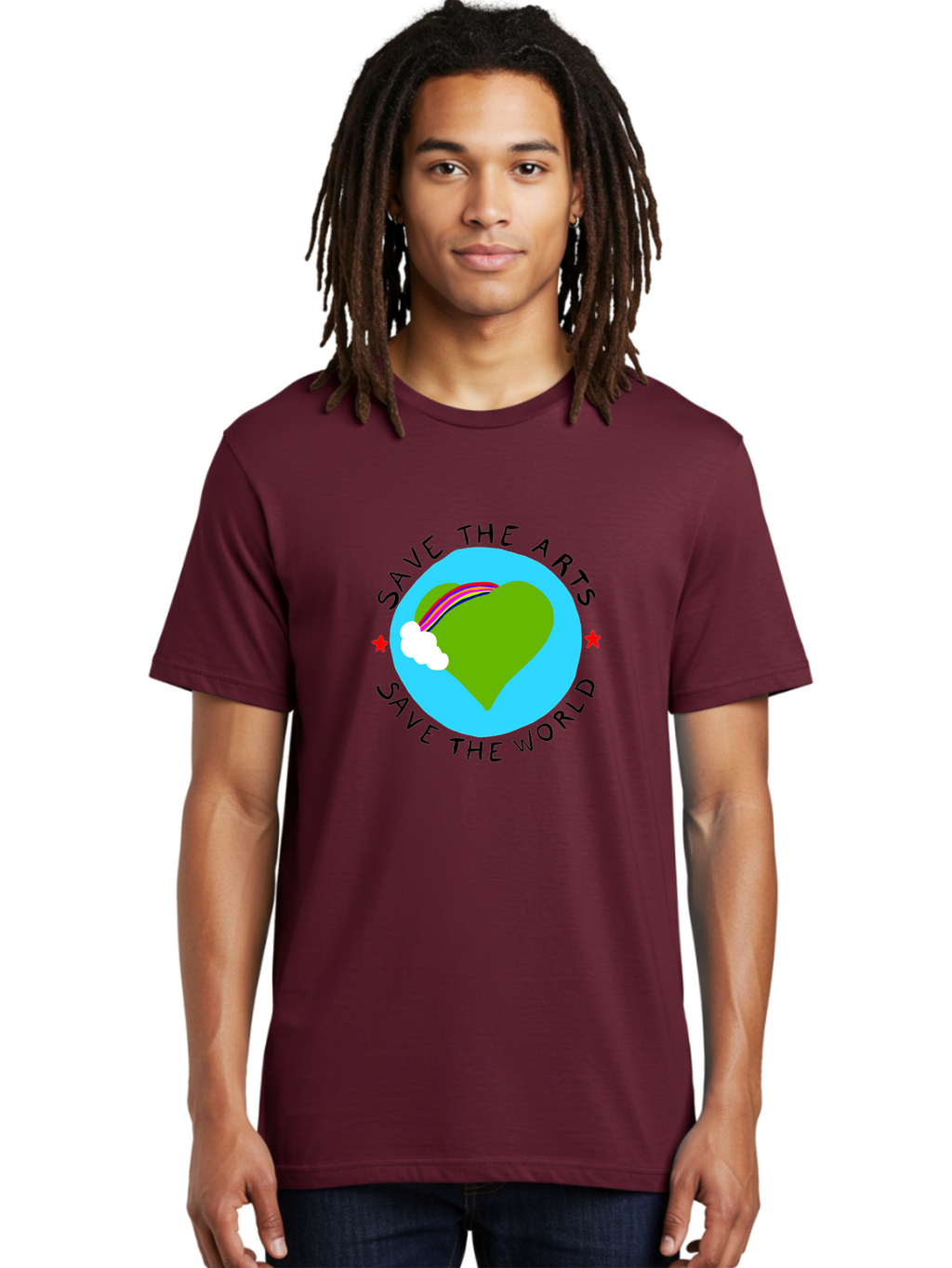 Save-The-Arts-Save-The-World Men'S Graphic Tee, 100% Cotton, Comfortable Casual Summer Wear, Machine Washable, Heart-Shaped Earth, Rainbow, Cloud, Save The Arts, Save The World, Creative Expression, Artistic Activism, -  Aaa120