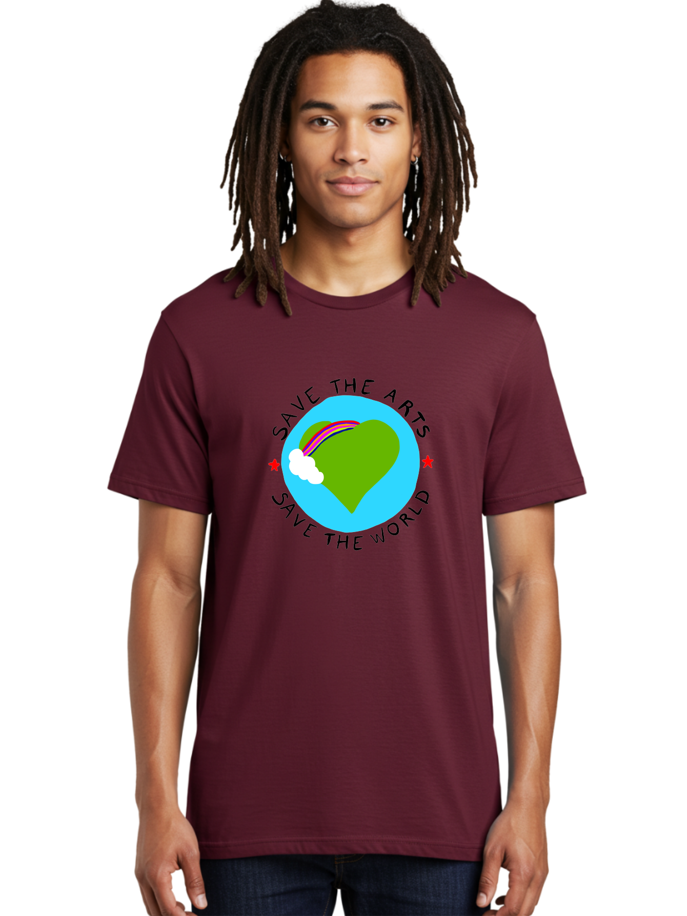 Save-The-Arts-Save-The-World Men'S Graphic Tee, 100% Cotton, Comfortable Casual Summer Wear, Machine Washable, Heart-Shaped Earth, Rainbow, Cloud, Save The Arts, Save The World, Creative Expression, Artistic Activism, -  Aaa120