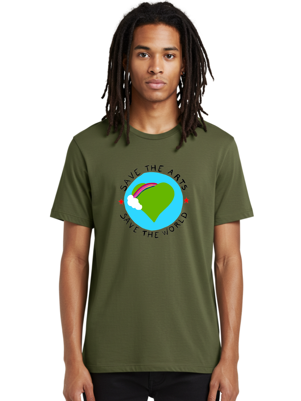 Save-The-Arts-Save-The-World Men'S Graphic Tee, 100% Cotton, Comfortable Casual Summer Wear, Machine Washable, Heart-Shaped Earth, Rainbow, Cloud, Save The Arts, Save The World, Creative Expression, Artistic Activism, -  Aaa120