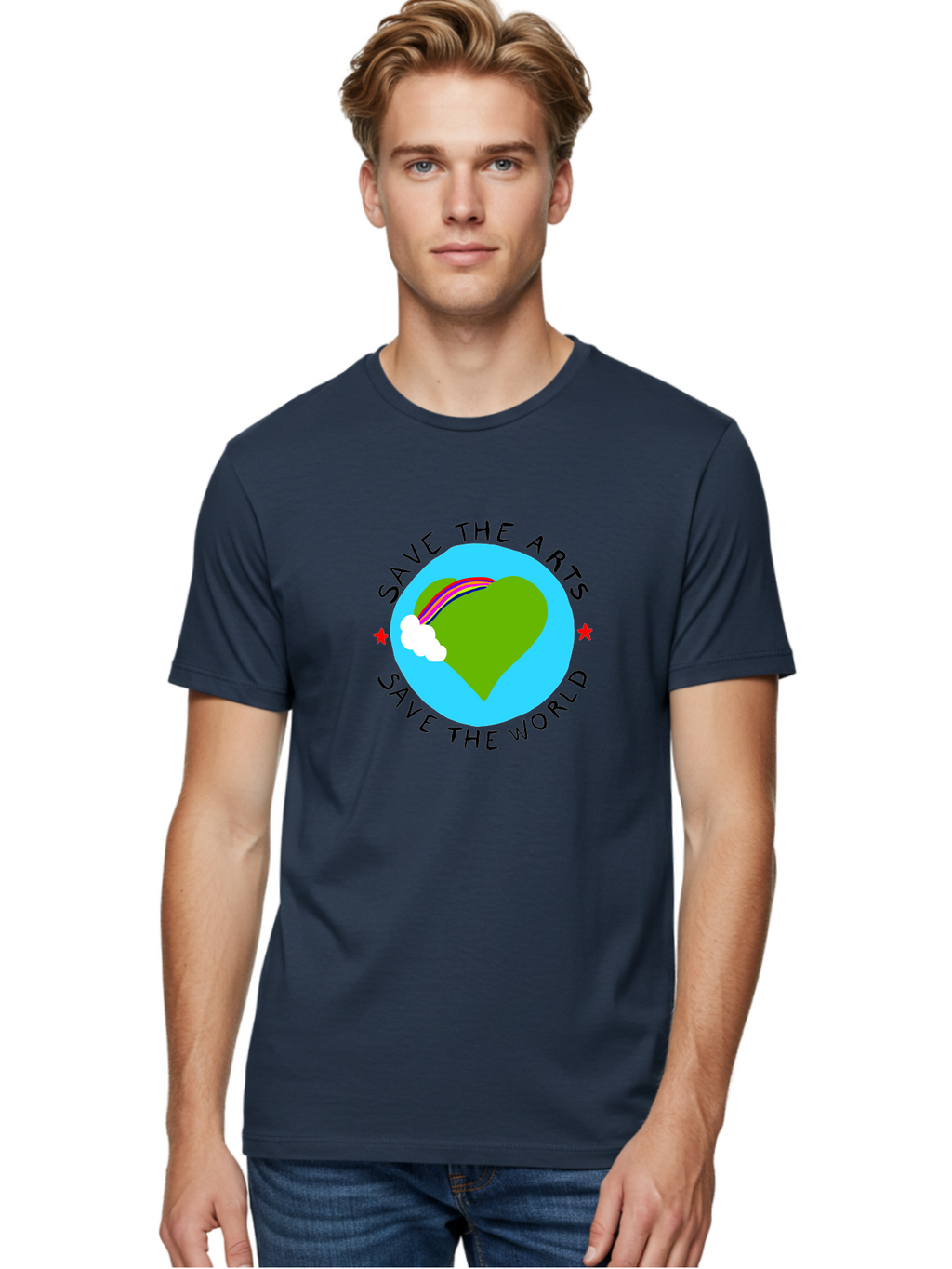 Save-The-Arts-Save-The-World Men'S Graphic Tee, 100% Cotton, Comfortable Casual Summer Wear, Machine Washable, Heart-Shaped Earth, Rainbow, Cloud, Save The Arts, Save The World, Creative Expression, Artistic Activism, -  Aaa120