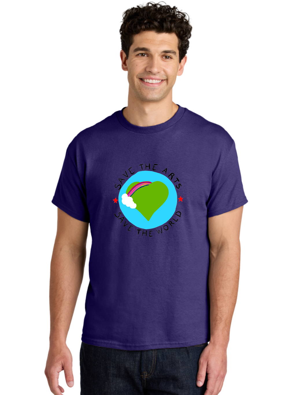 Save-The-Arts-Save-The-World Men'S Graphic Tee, 100% Cotton, Comfortable Casual Summer Wear, Machine Washable, Heart-Shaped Earth, Rainbow, Cloud, Save The Arts, Save The World, Creative Expression, Artistic Activism, -  Aaa120