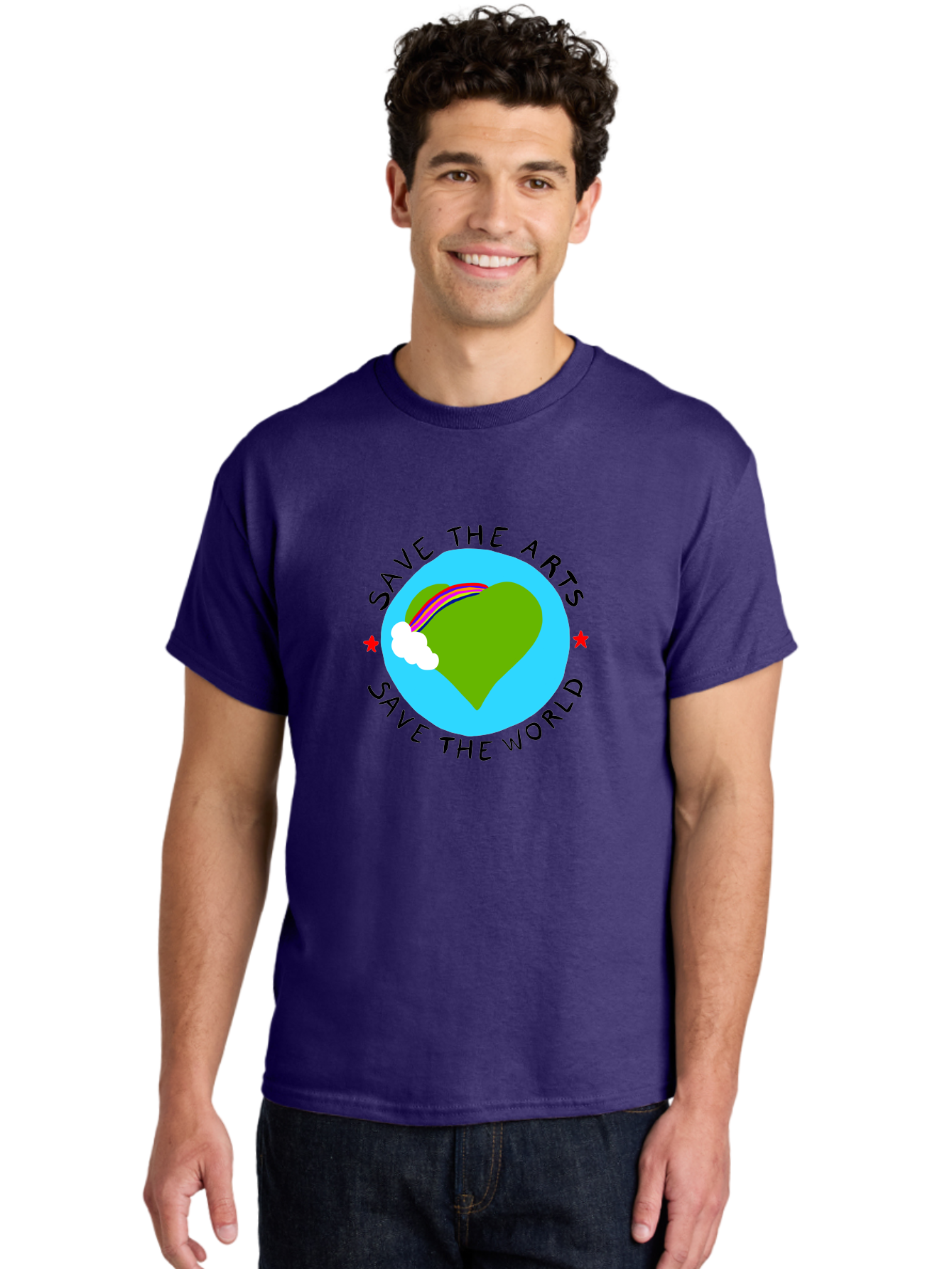 Save-The-Arts-Save-The-World Men'S Graphic Tee, 100% Cotton, Comfortable Casual Summer Wear, Machine Washable, Heart-Shaped Earth, Rainbow, Cloud, Save The Arts, Save The World, Creative Expression, Artistic Activism, -  Aaa120
