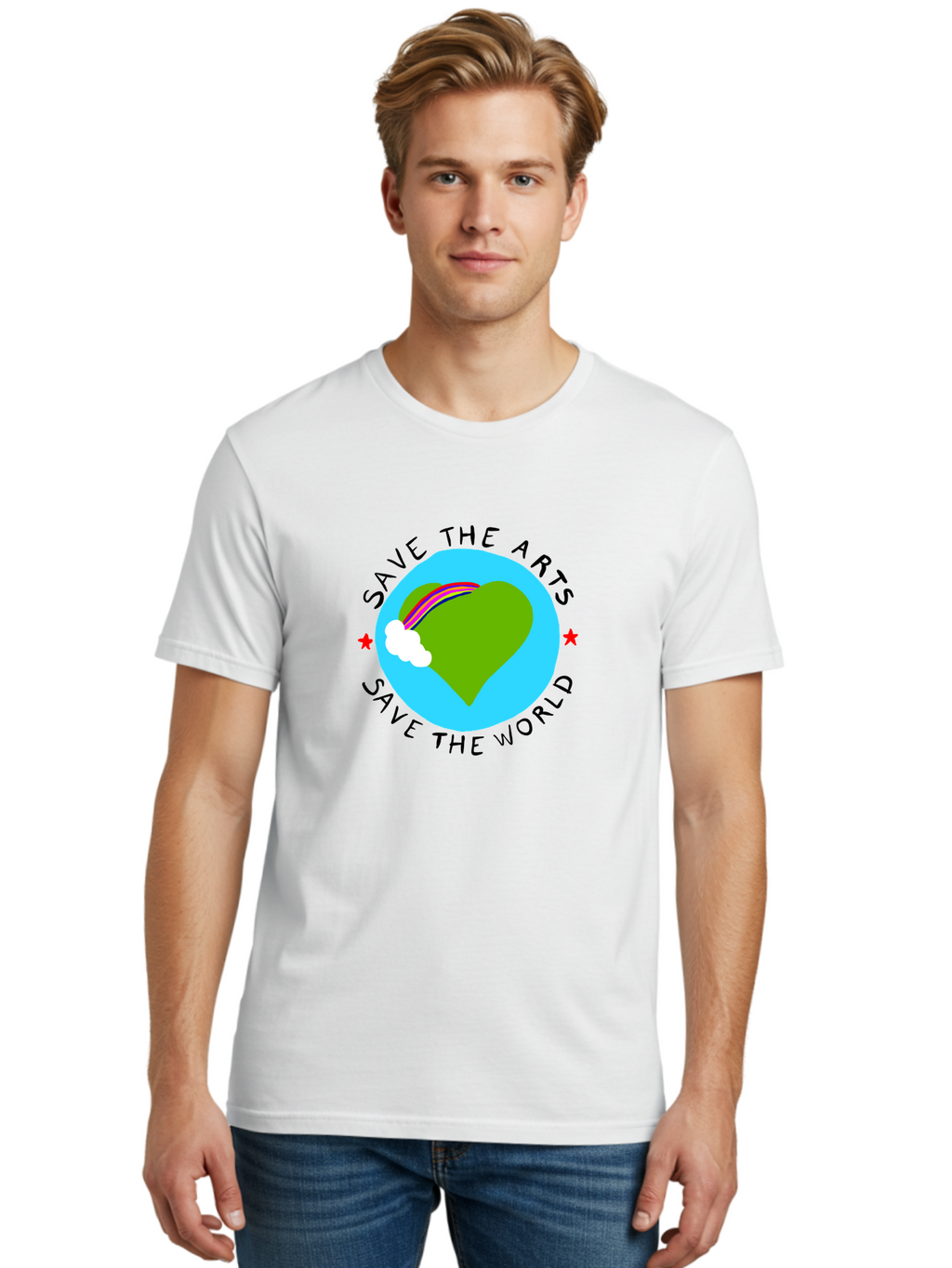 Save-The-Arts-Save-The-World Men'S Graphic Tee, 100% Cotton, Comfortable Casual Summer Wear, Machine Washable, Heart-Shaped Earth, Rainbow, Cloud, Save The Arts, Save The World, Creative Expression, Artistic Activism, -  Aaa120