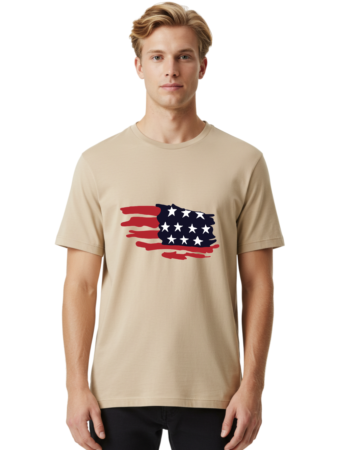 Stars-And-Stripes Men'S Graphic Tee, 100% Cotton, Comfortable Casual Summer Wear, Machine Washable, American Flag, Red And White Stripes, White Stars, Patriotic Symbol, Us National Flag, Freedom Representation, Abstract Design, -  Aaa126
