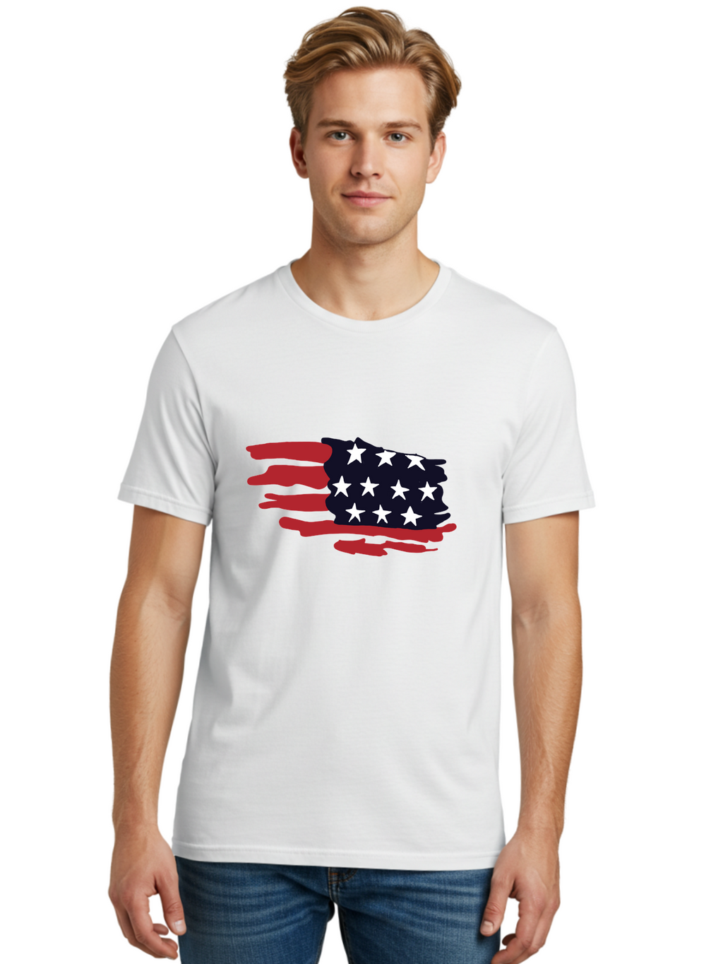 Stars-And-Stripes Men'S Graphic Tee, 100% Cotton, Comfortable Casual Summer Wear, Machine Washable, American Flag, Red And White Stripes, White Stars, Patriotic Symbol, Us National Flag, Freedom Representation, Abstract Design, -  Aaa126