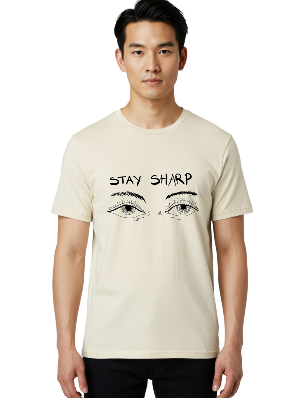 Stay-Sharp Men'S Graphic Tee, 100% Cotton, Comfortable Casual Summer Wear, Machine Washable, Stay Sharp, Motivation, Focus, Eye Illustration, Eyebrow, Detailed Drawing, Black And White, Inspirational Quote, Motivational Art, Mindfulness -  Aaa127
