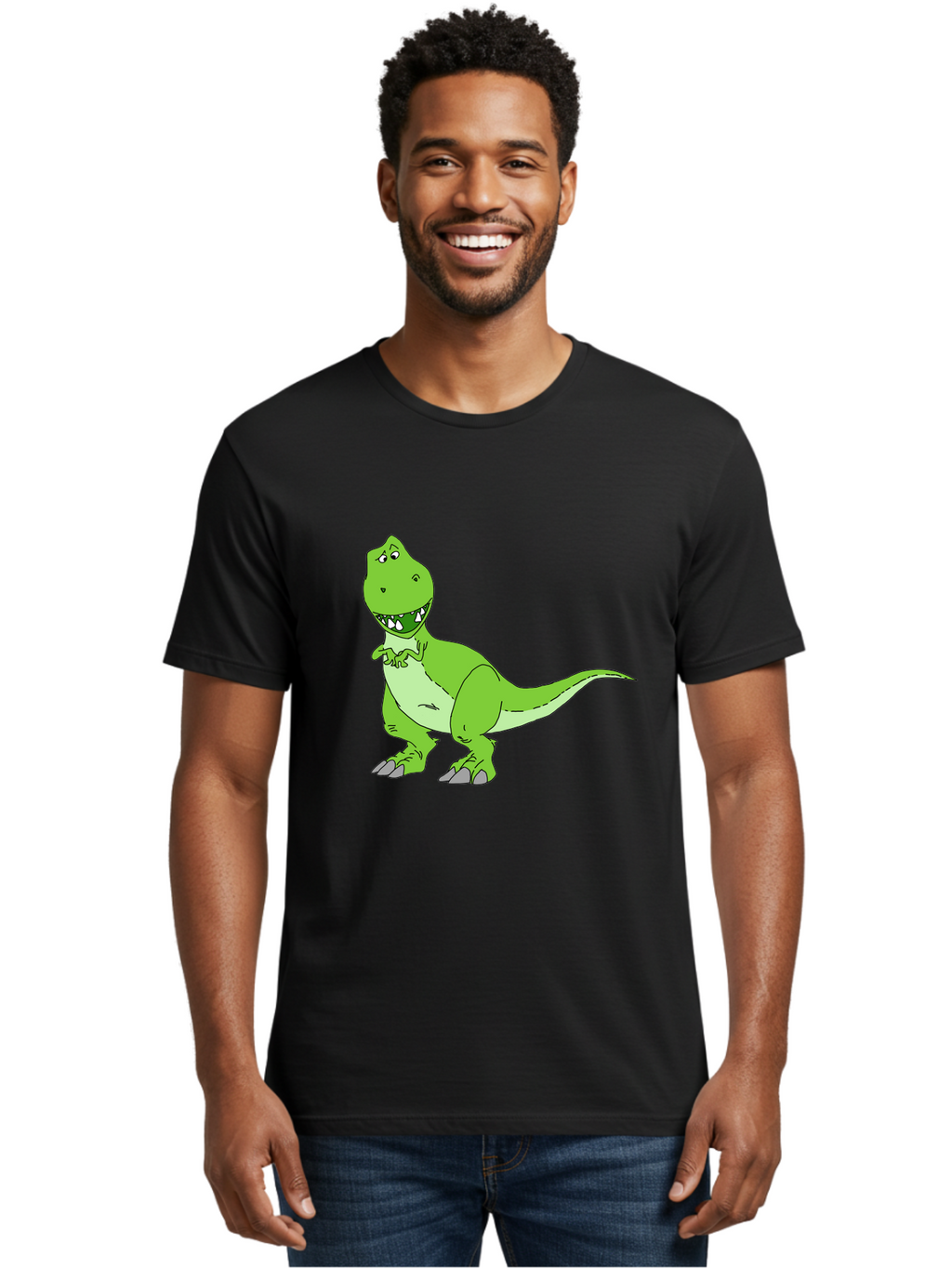 T-Rex Men'S Graphic Tee, 100% Cotton, Comfortable Casual Summer Wear, Machine Washable, Cartoon T-Rex, Green Dinosaur, Prehistoric Creature, Toothy Grin, Playful Expression, Dinosaur Illustration, Children'S Character, Fun And Friendly, -  Aaa128